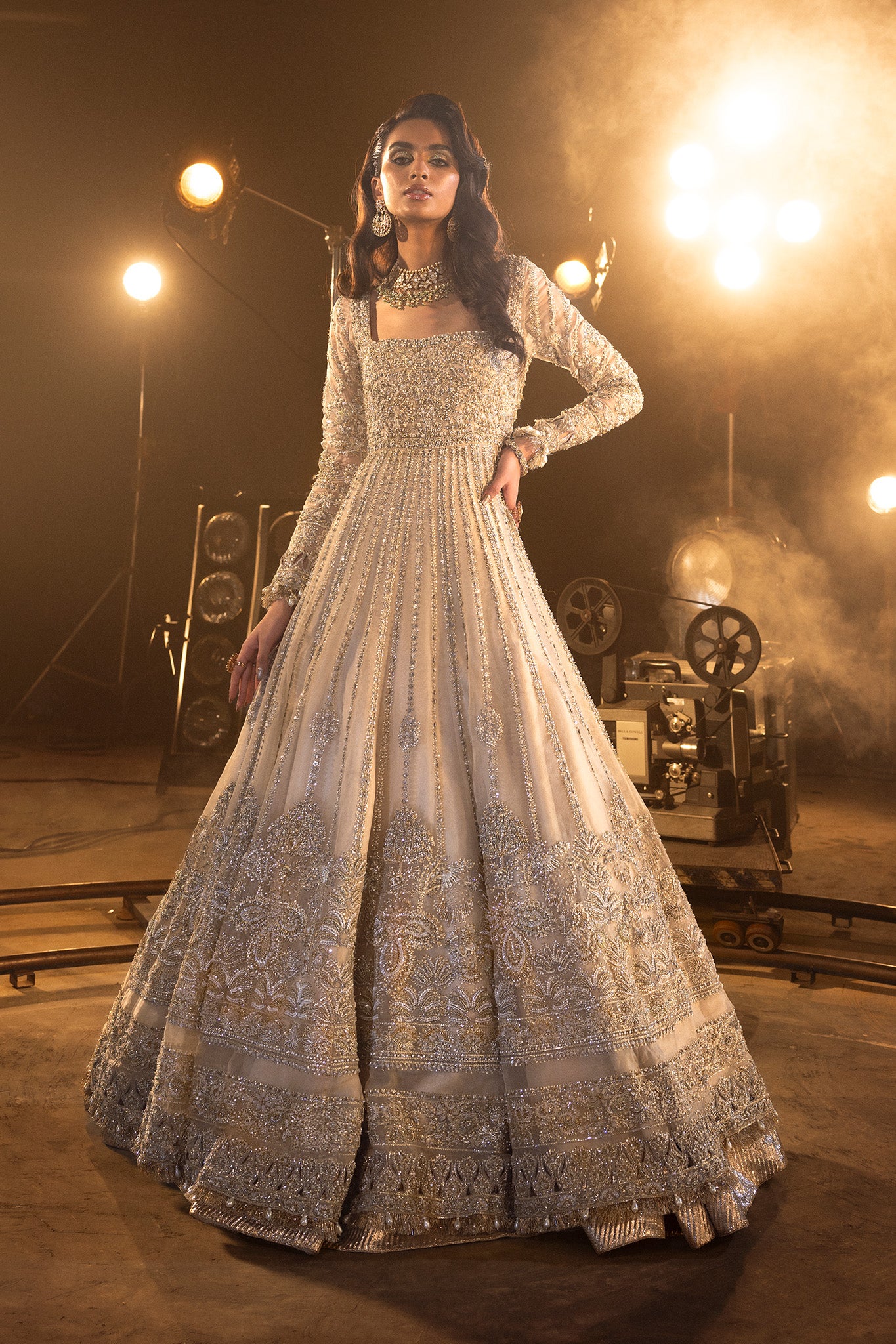 Ivory Silver Embellished Silk Anarkali Gown (2-Piece) - Image 1