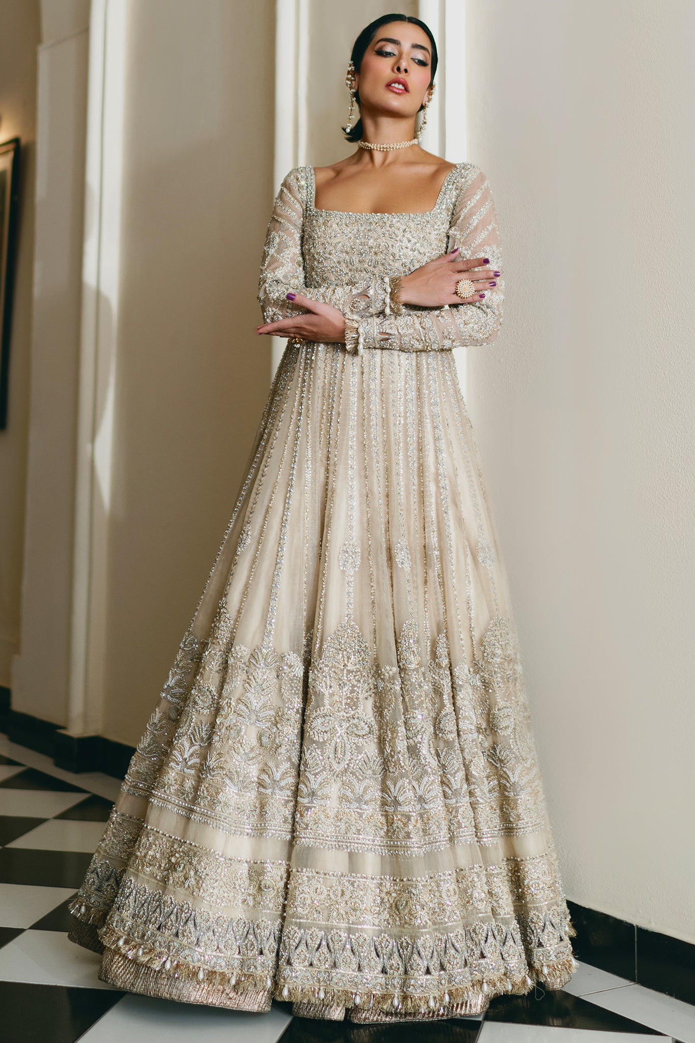 Ivory Silver Embellished Silk Anarkali Gown (2-Piece) - Image 10