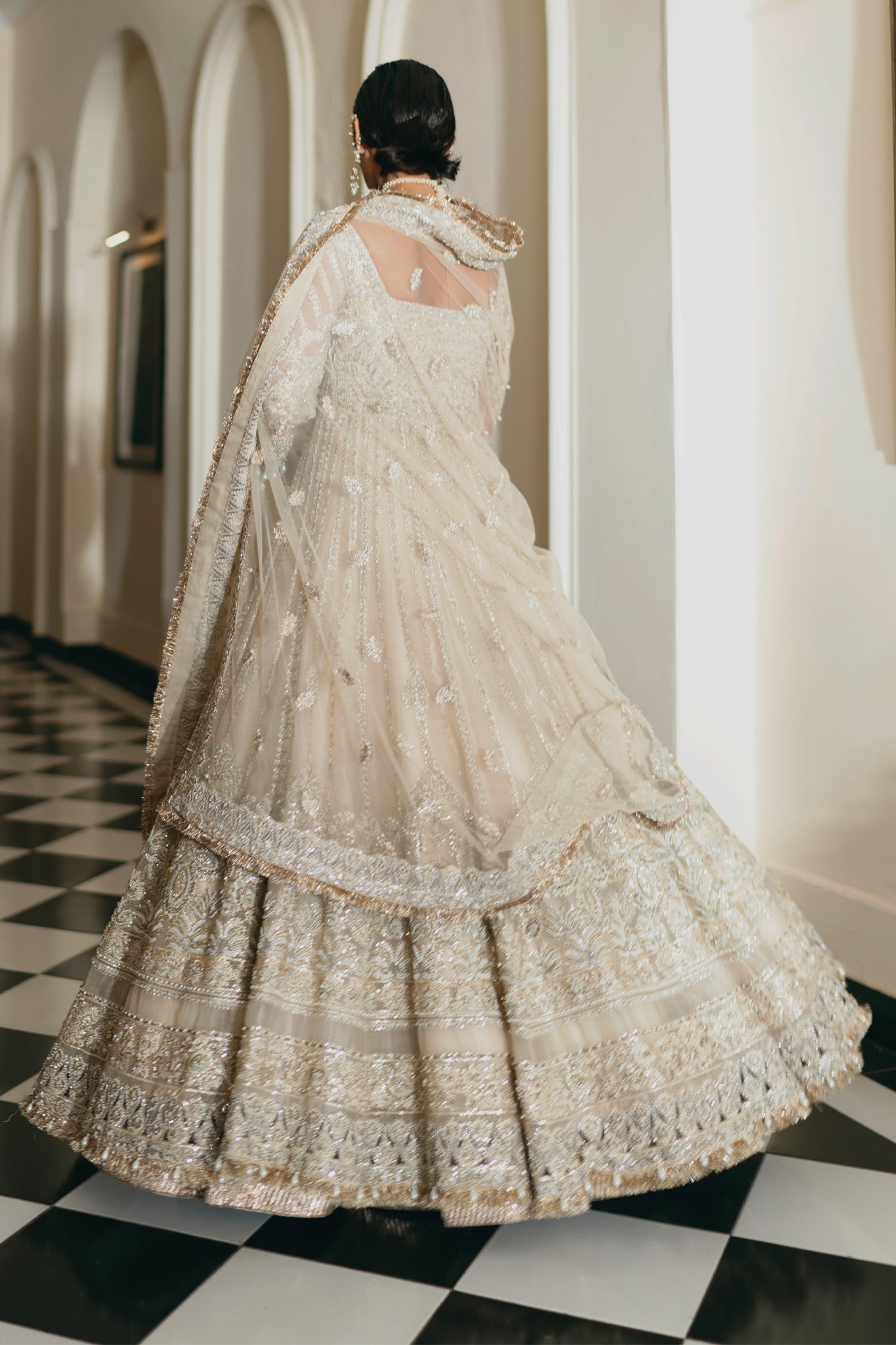 Ivory Silver Embellished Silk Anarkali Gown (2-Piece) - Image 11