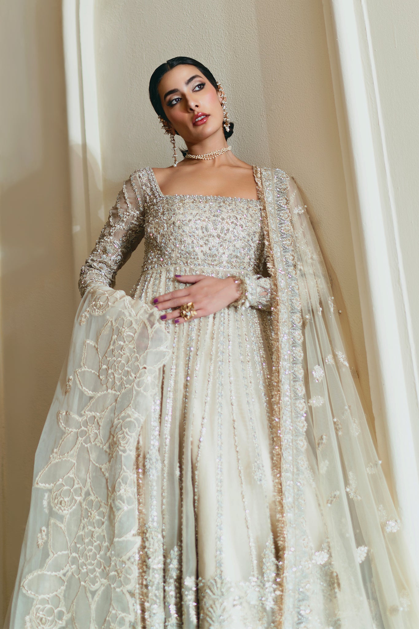 Ivory Silver Embellished Silk Anarkali Gown (2-Piece) - Image 12