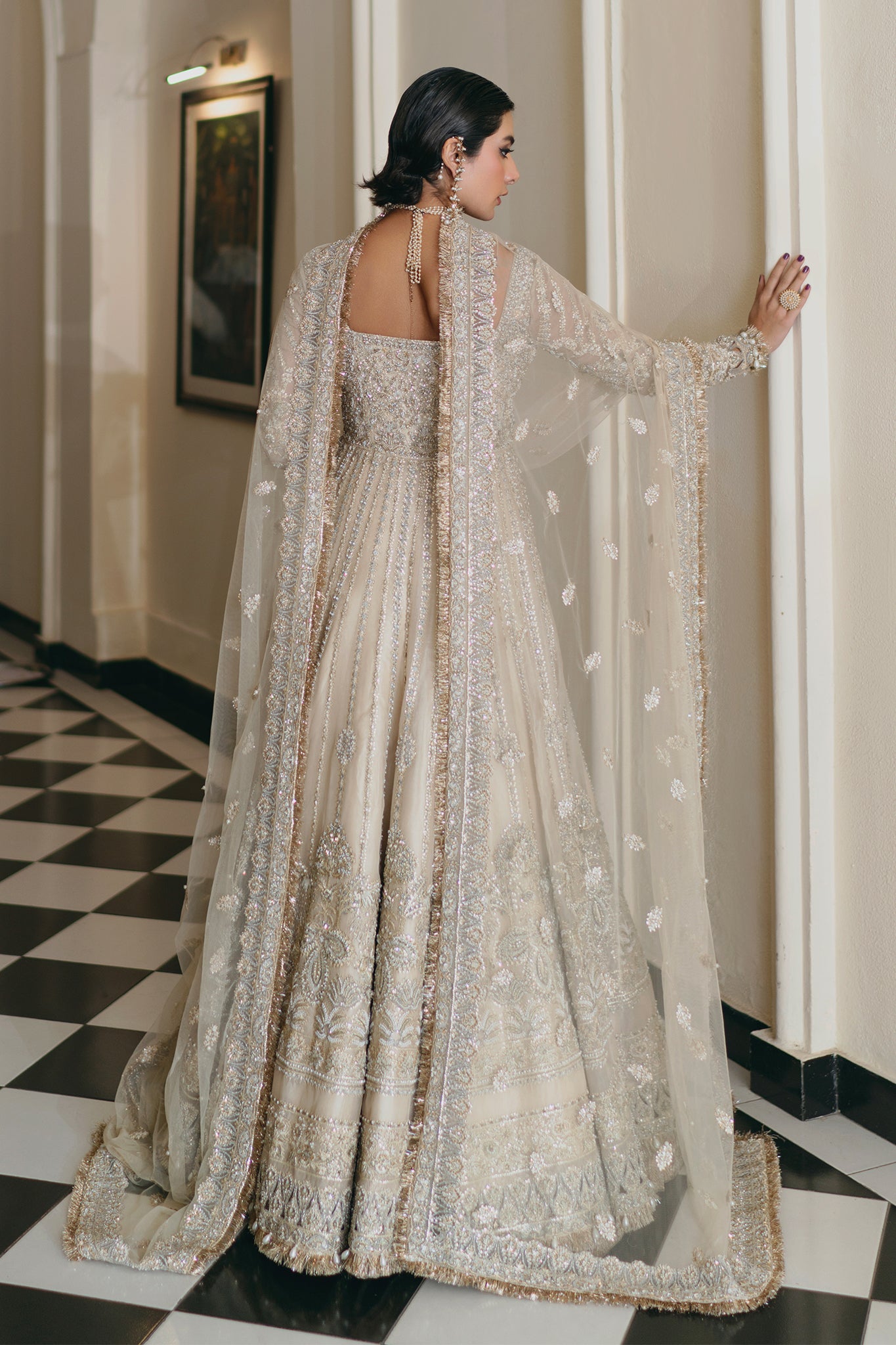 Ivory Silver Embellished Silk Anarkali Gown (2-Piece) - Image 13