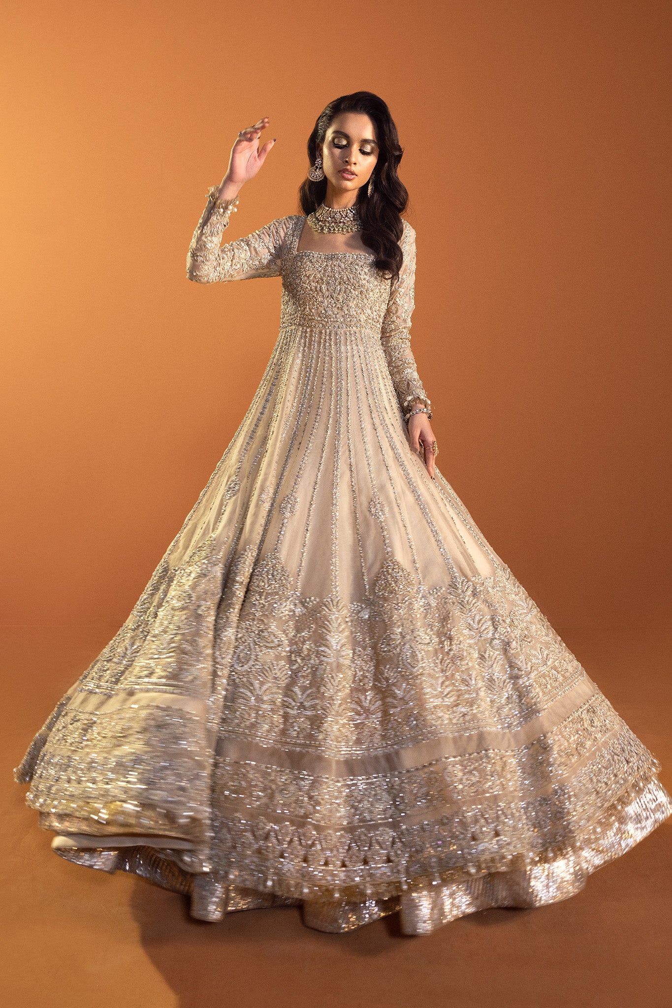 Ivory Silver Embellished Silk Anarkali Gown (2-Piece) - Image 2