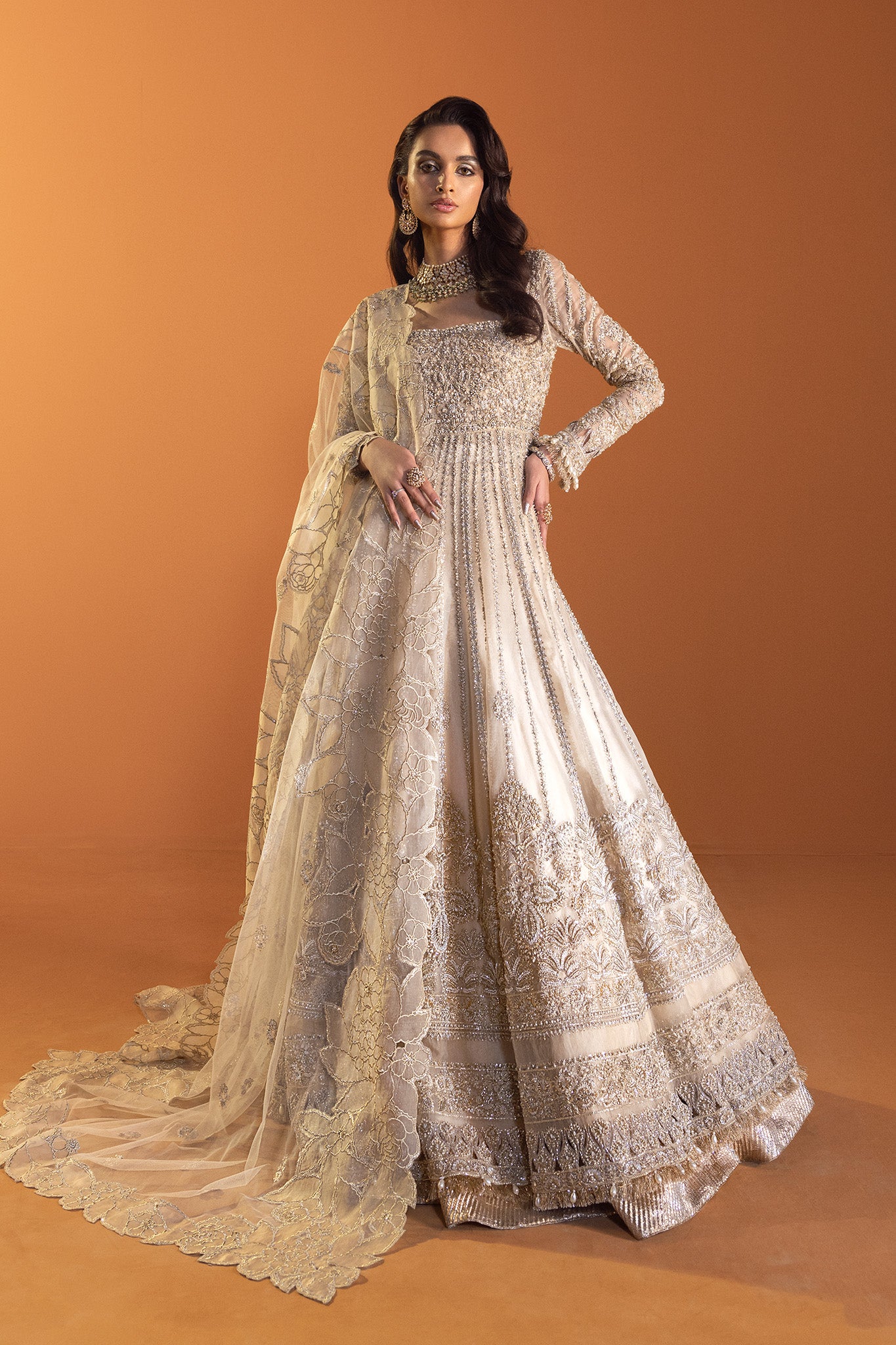 Ivory Silver Embellished Silk Anarkali Gown (2-Piece) - Image 3
