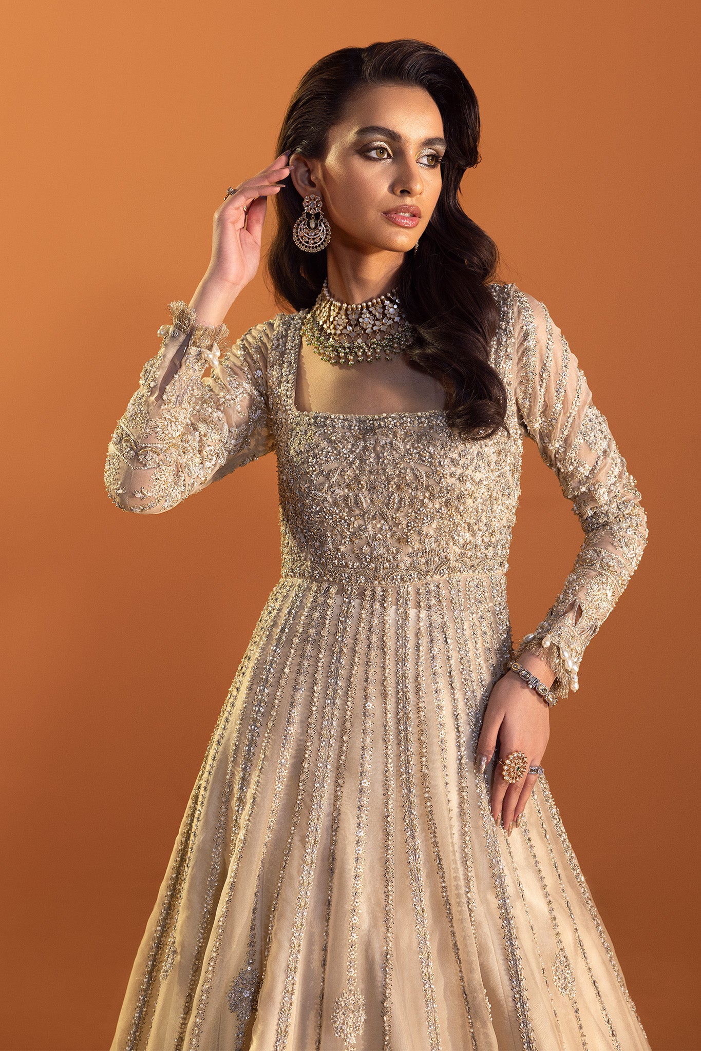 Ivory Silver Embellished Silk Anarkali Gown (2-Piece) - Image 4