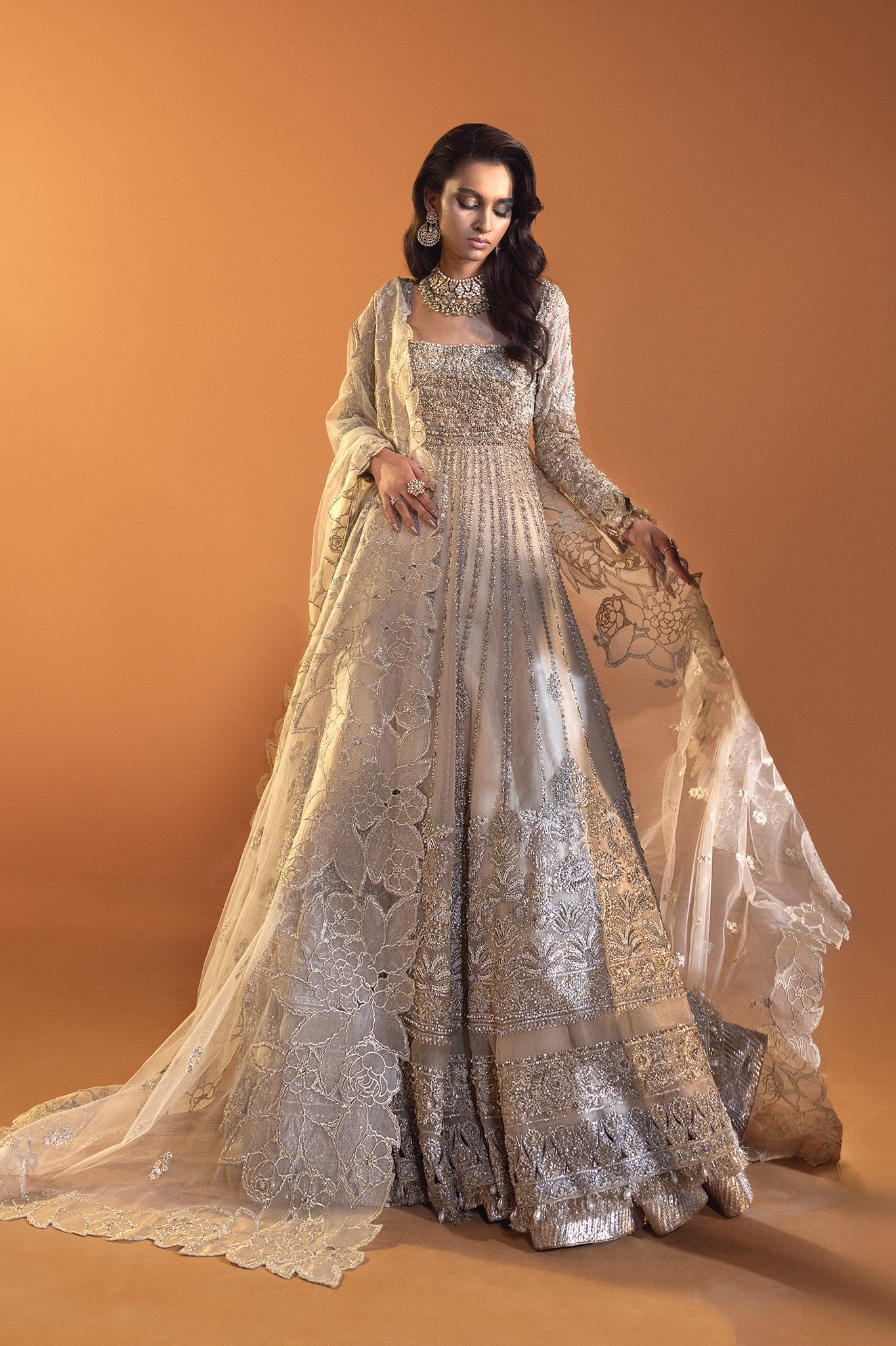 Ivory Silver Embellished Silk Anarkali Gown (2-Piece) - Image 6