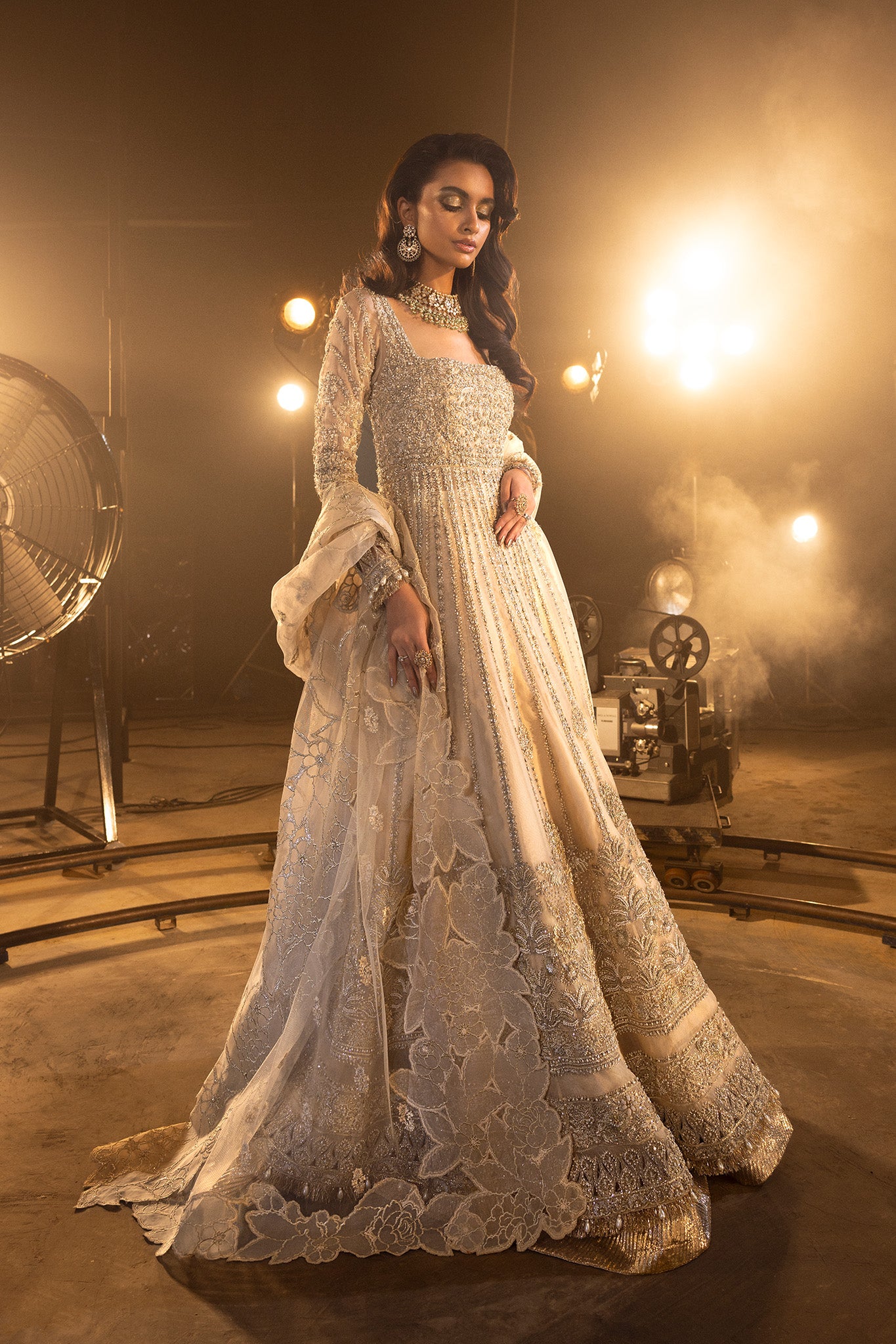 Ivory Silver Embellished Silk Anarkali Gown (2-Piece) - Image 7