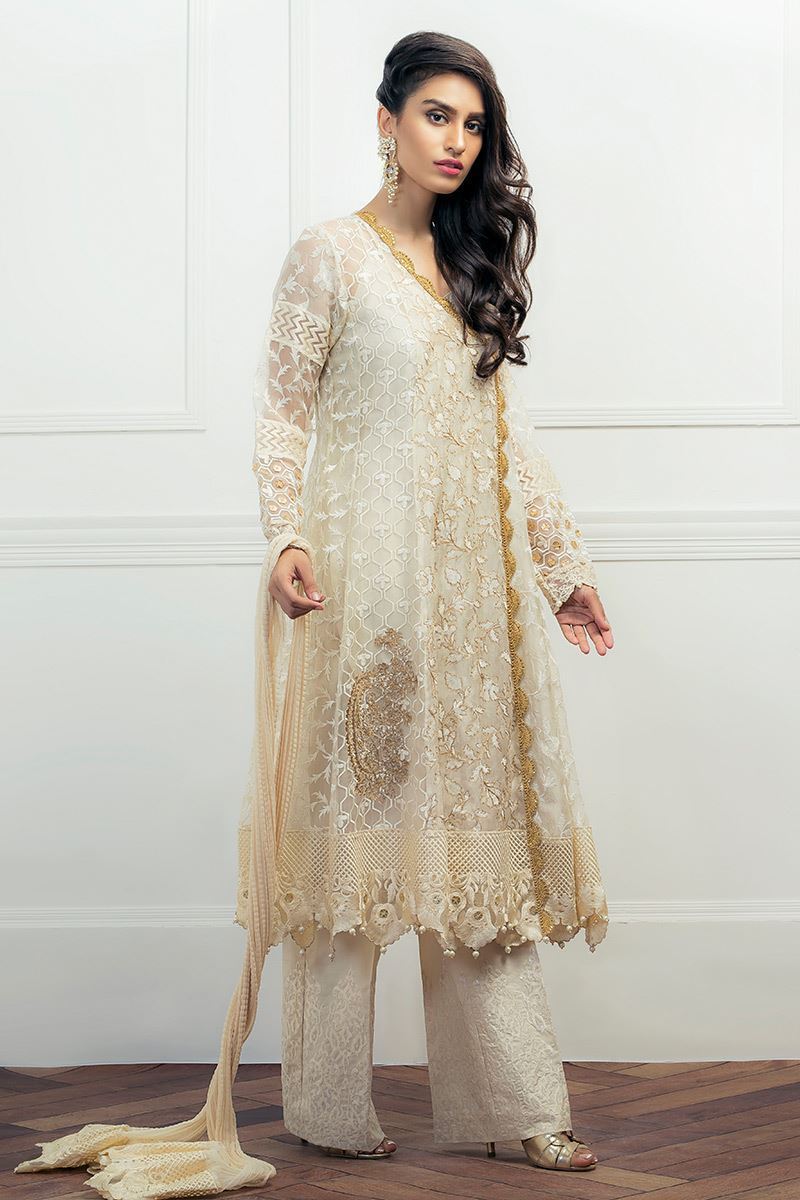 Pakistani Ivory Embroidered Organza Angarkha Dress (3-Piece) - Image 3