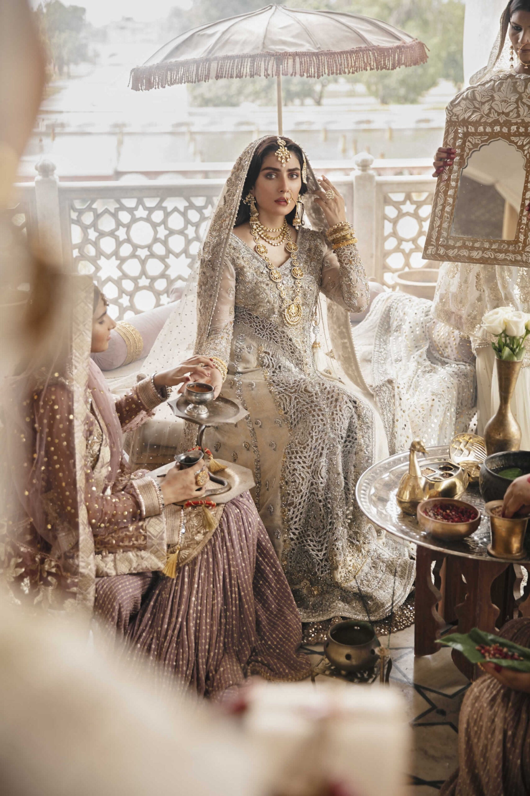 Pakistani Ivory Embellished Atlas Jamawar Angrakha (3-Piece) - Image 2