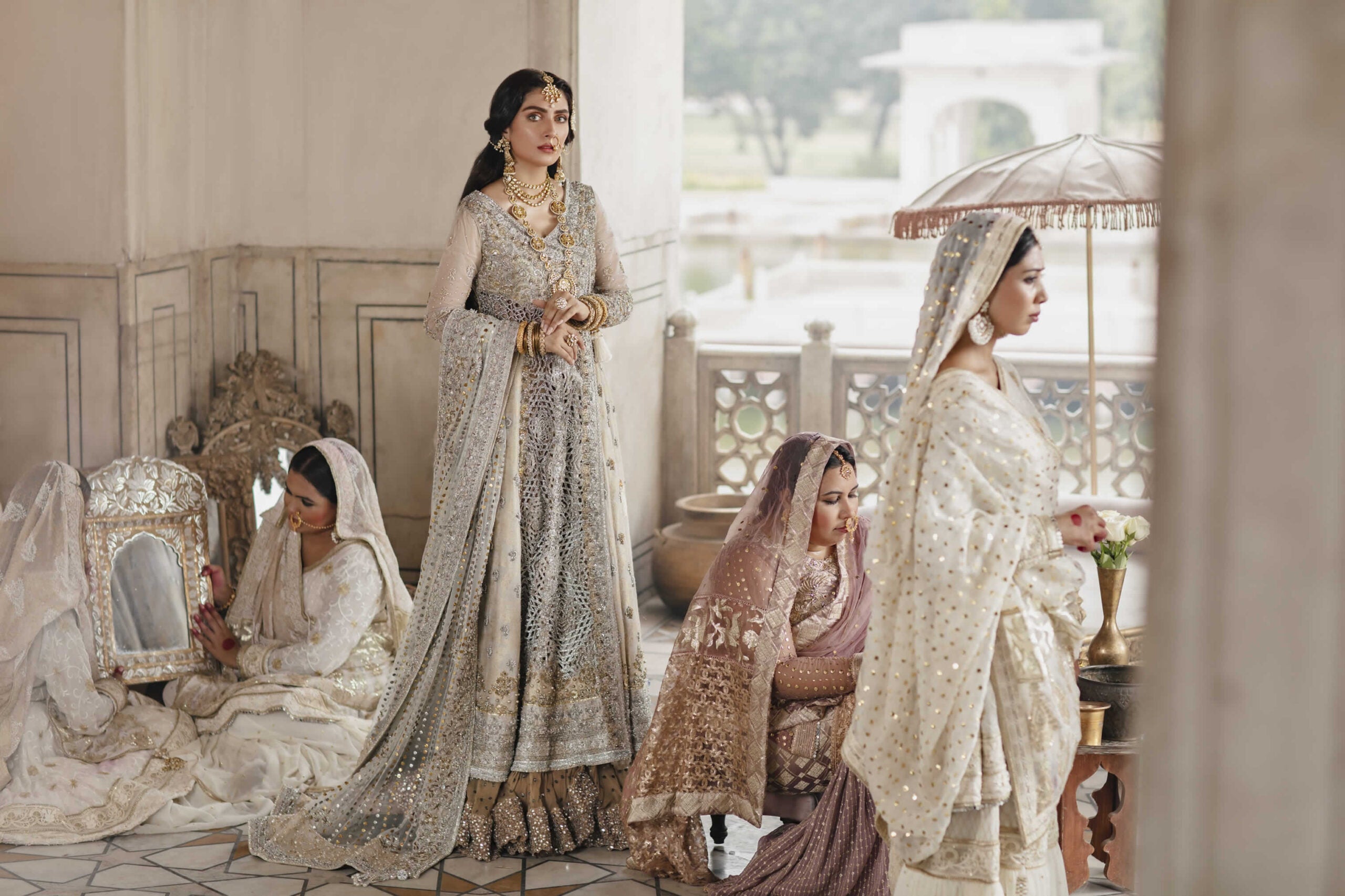 Pakistani Ivory Embellished Atlas Jamawar Angrakha (3-Piece) - Image 4