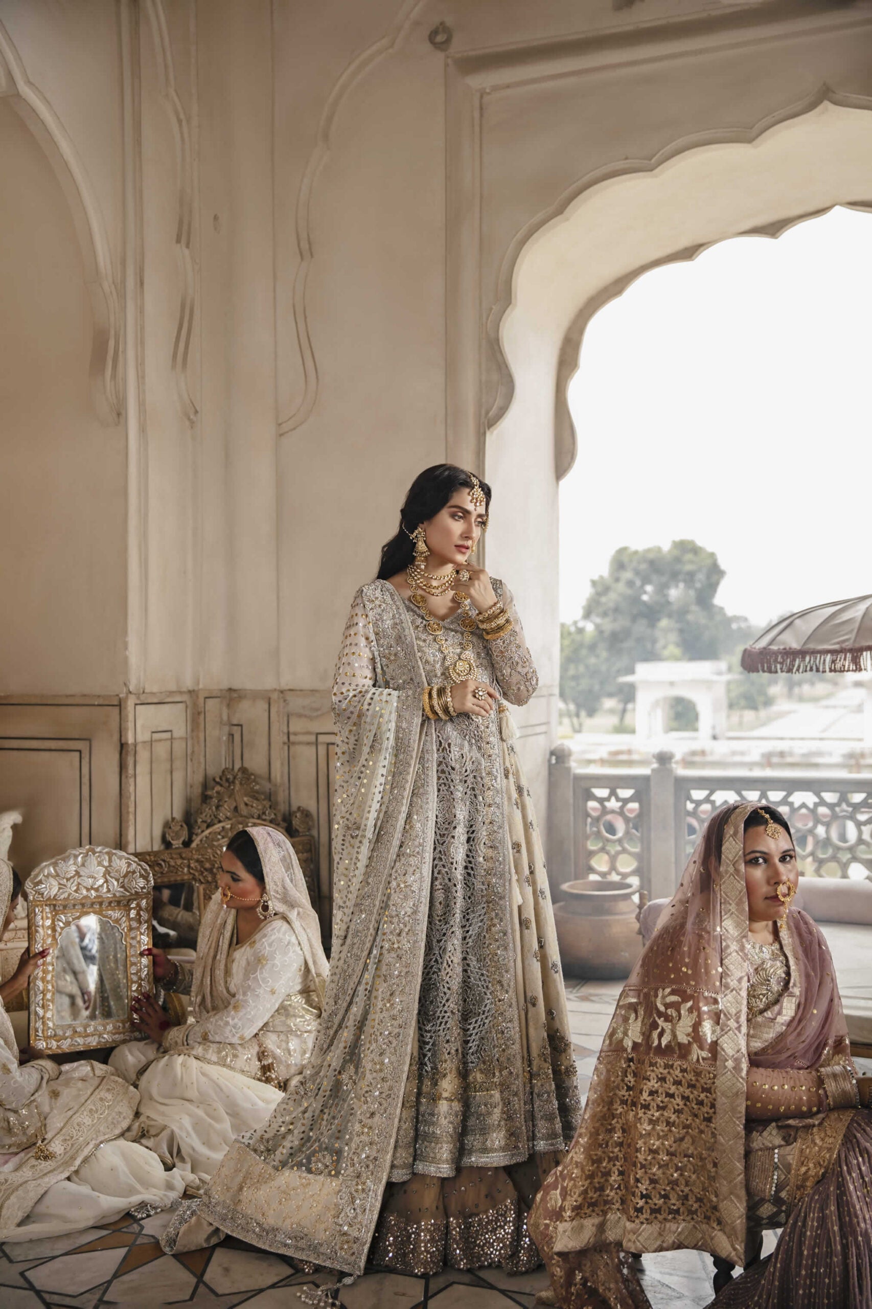 Pakistani Ivory Embellished Atlas Jamawar Angrakha (3-Piece) - Image 5