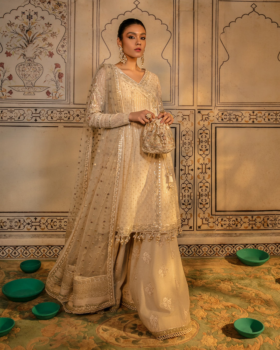 Pakistani Ivory Embroidered Karandi Angrakha (3-Piece) - Image 1