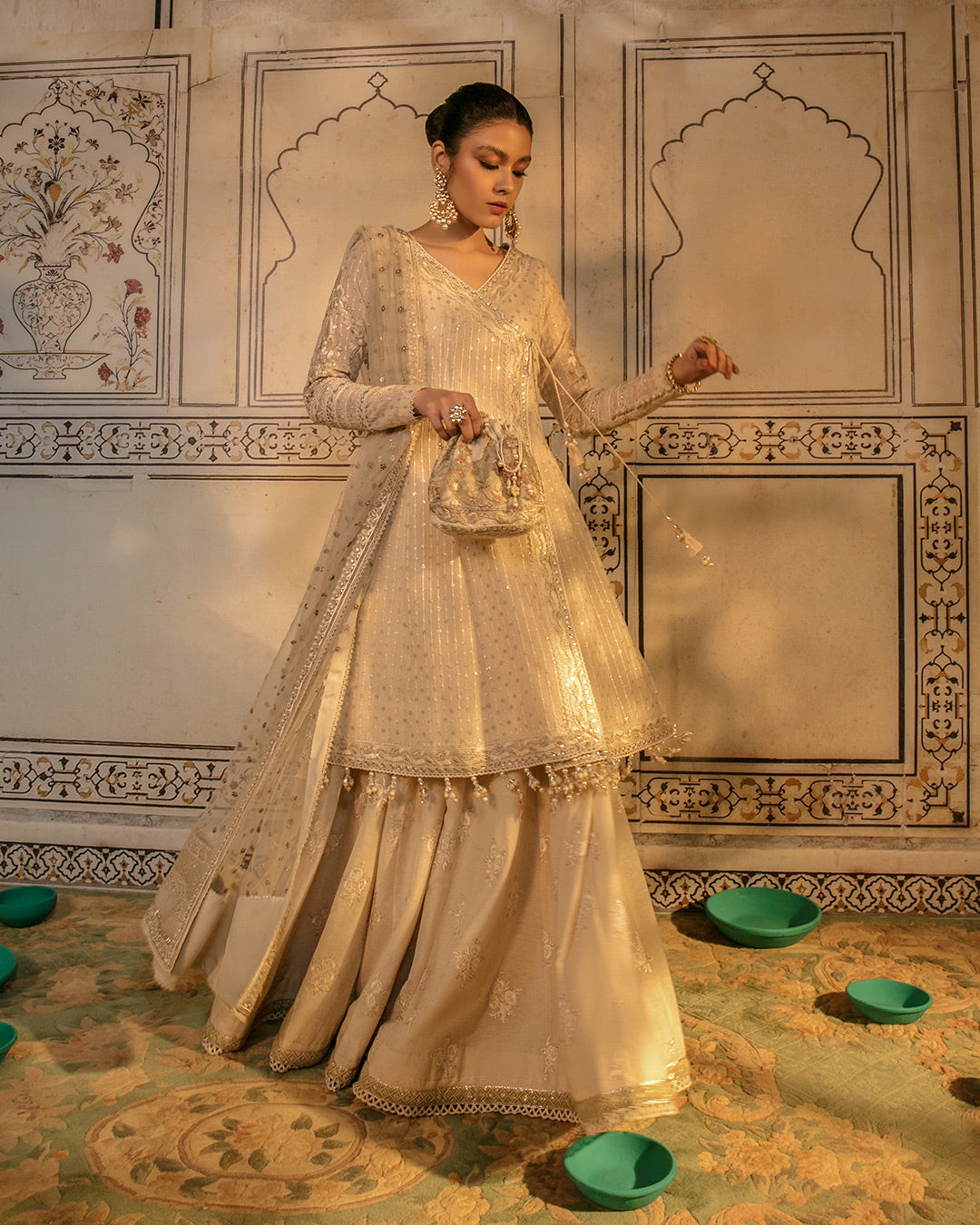 Pakistani Ivory Embroidered Karandi Angrakha (3-Piece) - Image 3