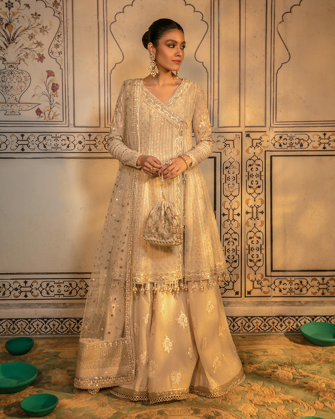 Ivory Embroidered Karandi Angrakha (3-Piece) - Image 2