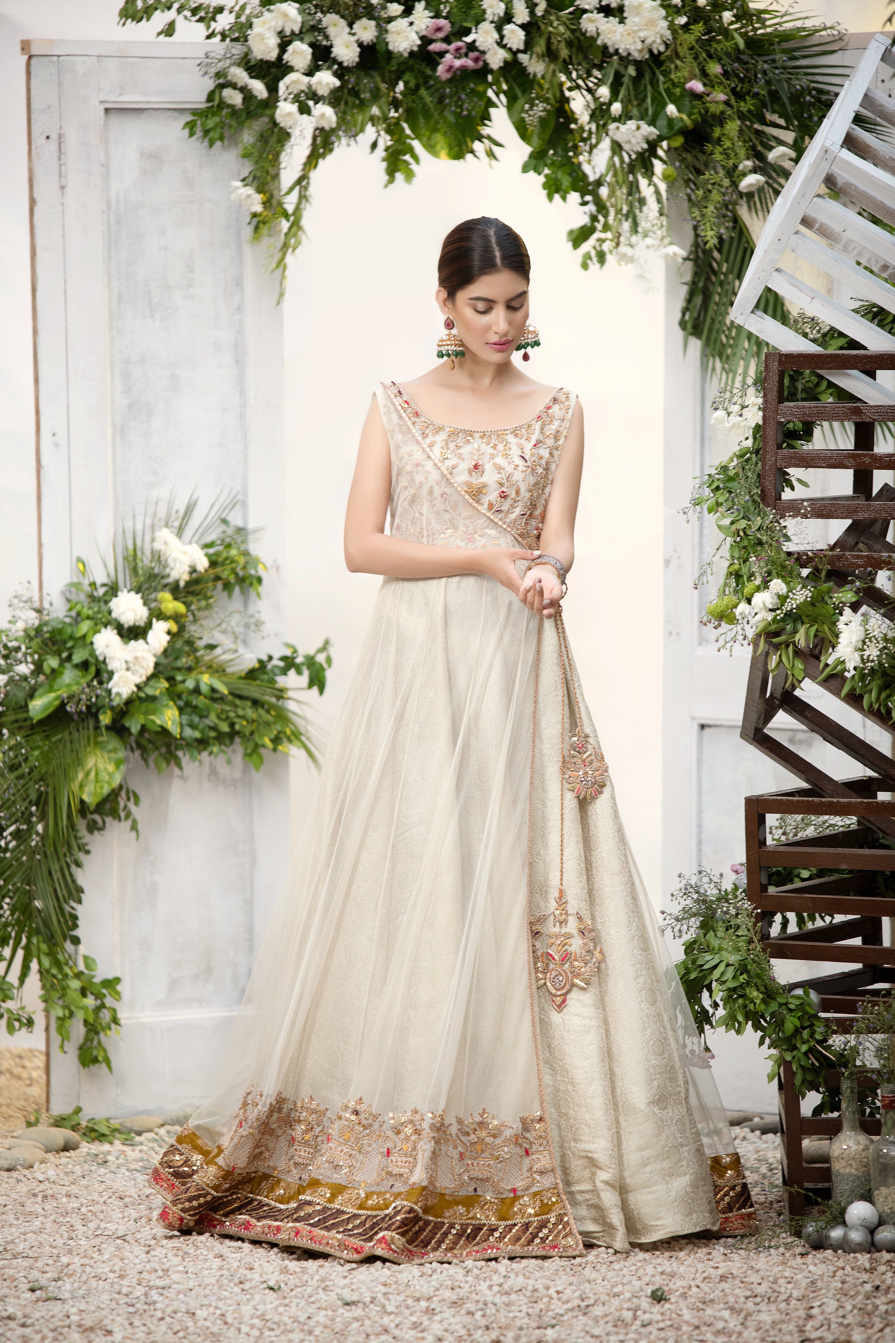 Ivory Embellished Net Angrakha Gown (1-Pc) - Image 1