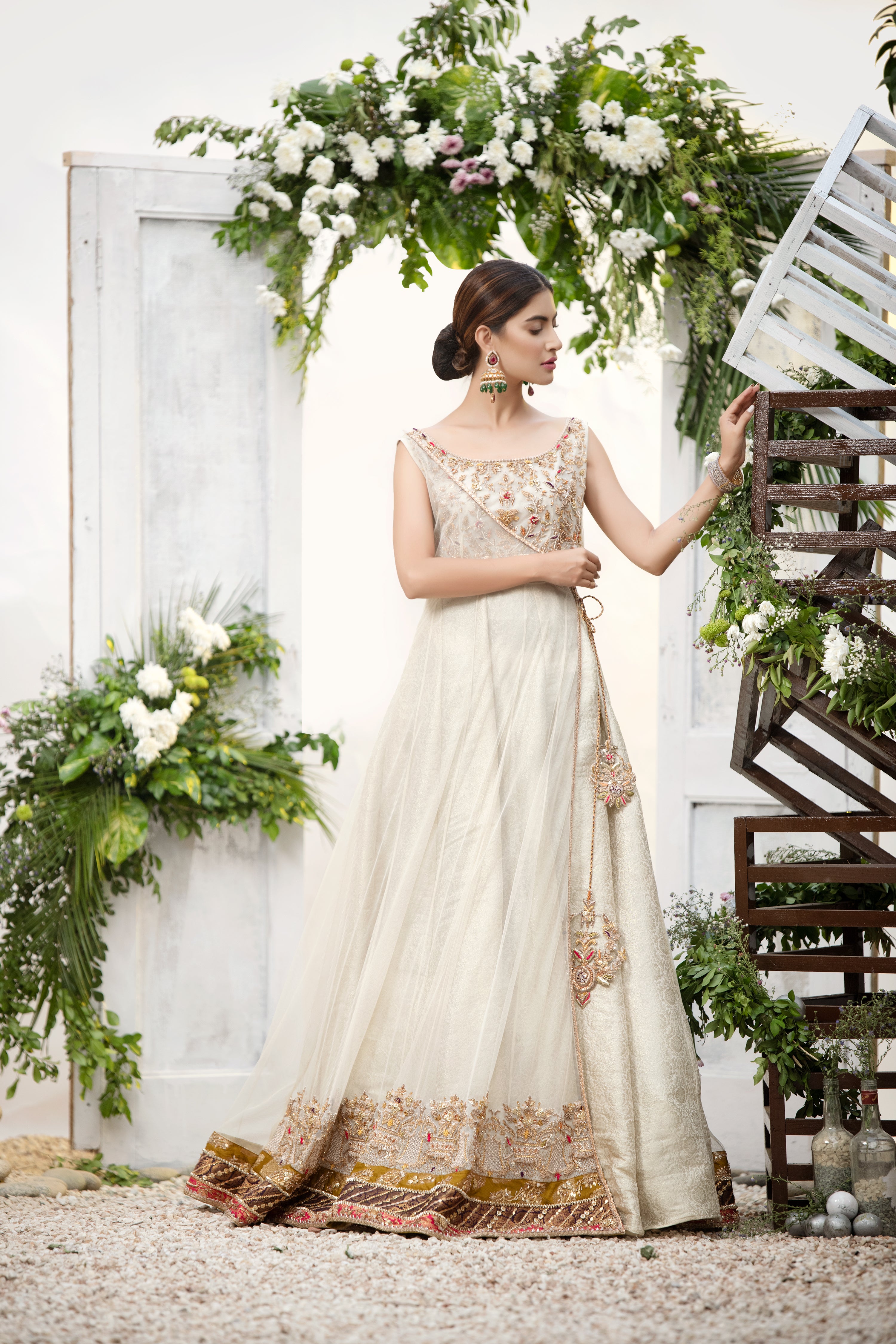 Ivory Embellished Net Angrakha Gown (1-Pc) - Image 2