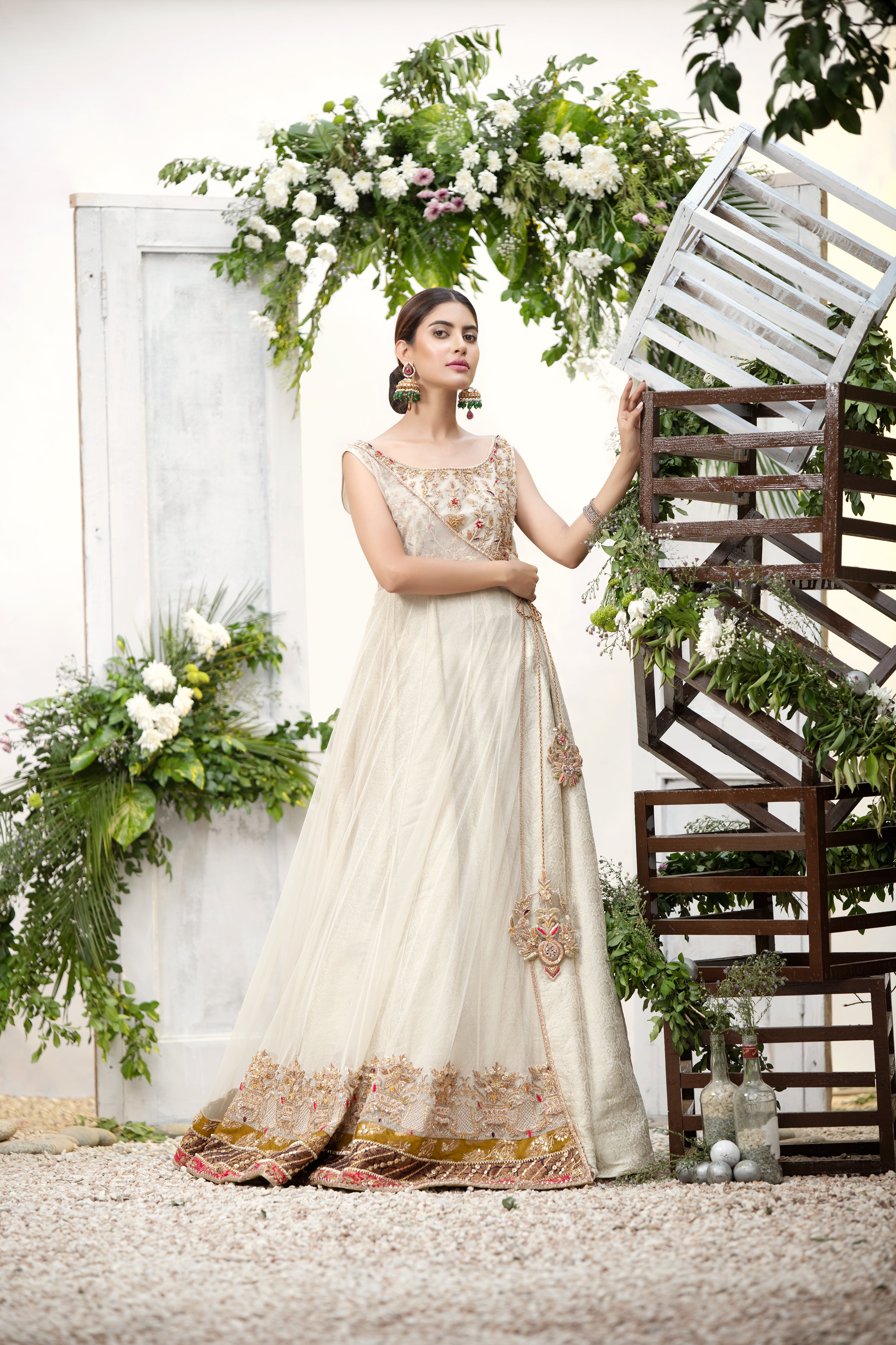 Ivory Embellished Net Angrakha Gown (1-Pc) - Image 3