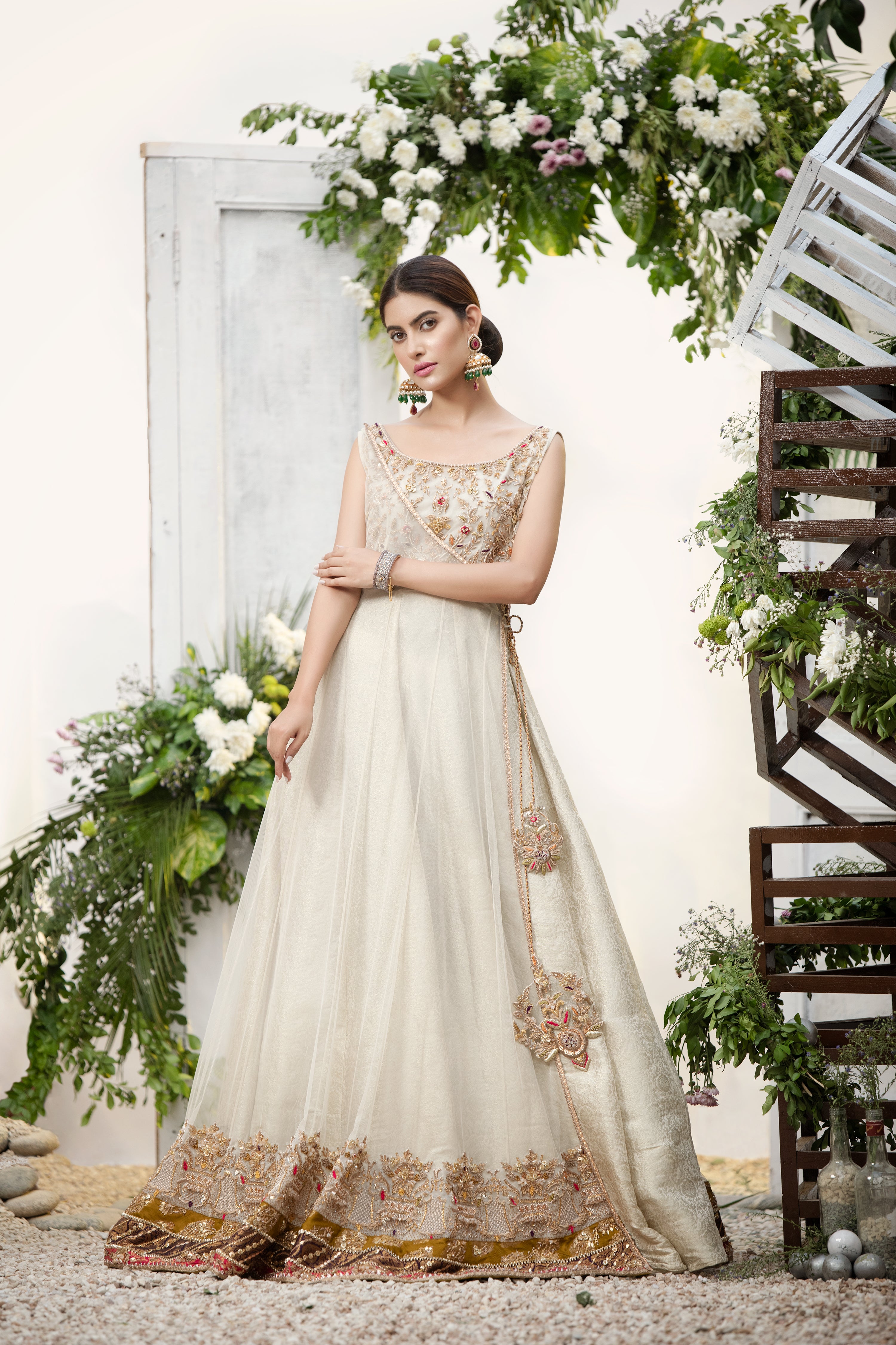 Ivory Embellished Net Angrakha Gown (1-Pc) - Image 5