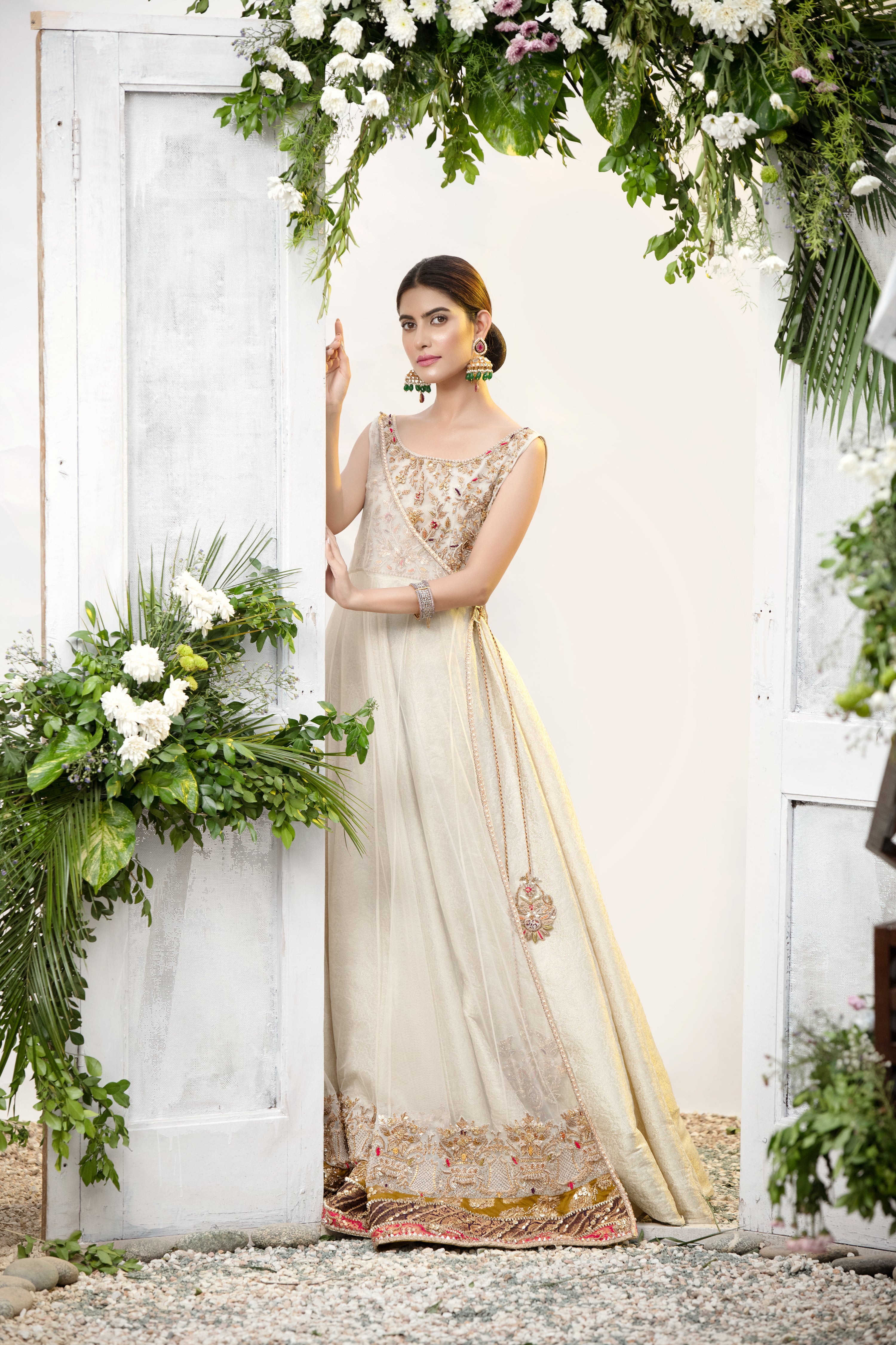 Ivory Embellished Net Angrakha Gown (1-Pc) - Image 6