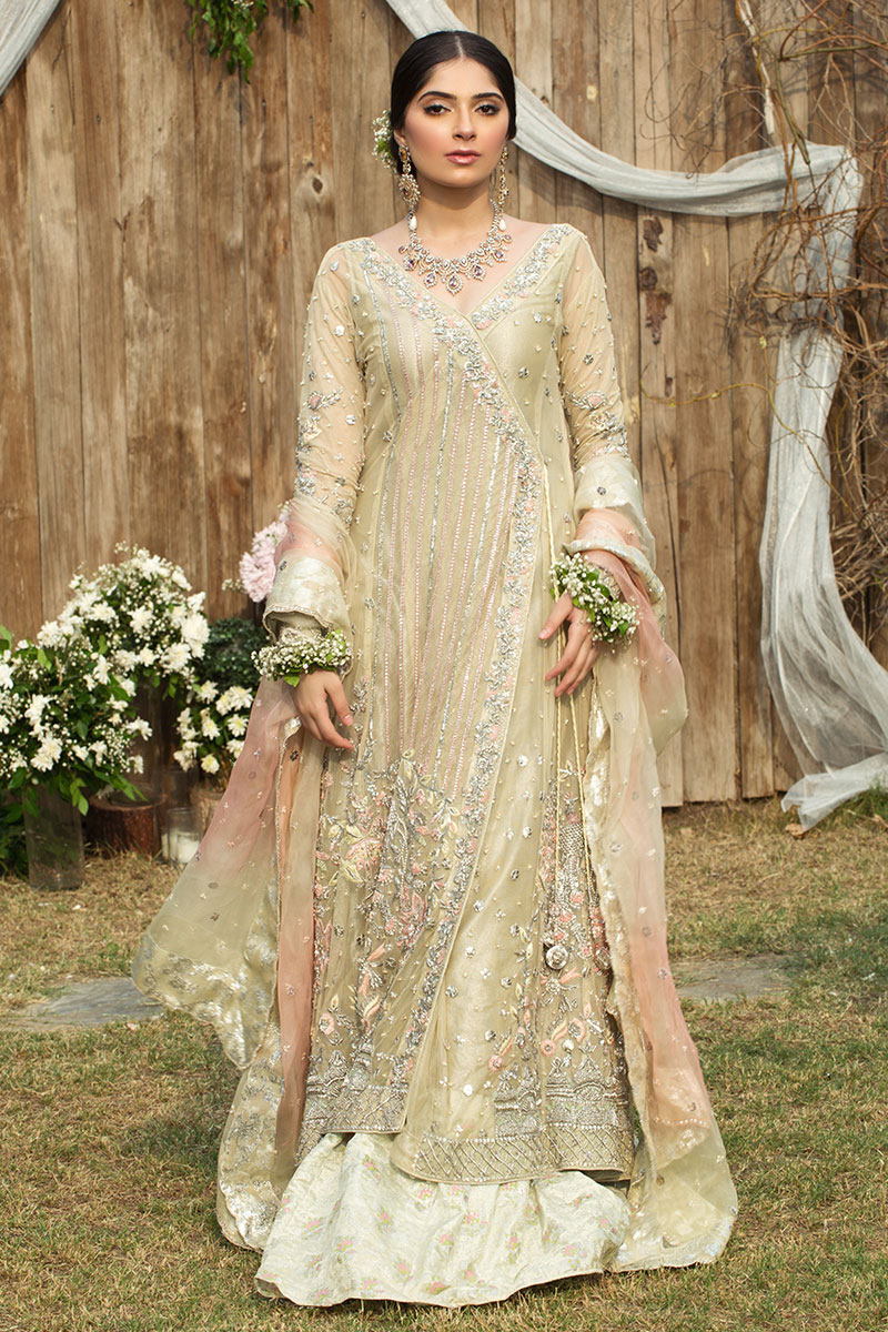 Ivory Embroidered Net Angarkha with Jamavar Gharara (3-Piece) - Image 1