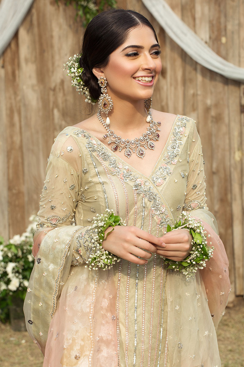 Ivory Embroidered Net Angarkha with Jamavar Gharara (3-Piece) - Image 2