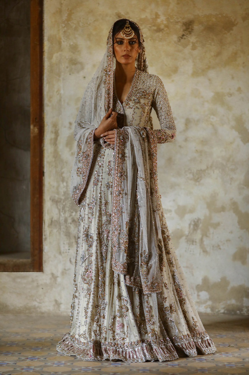 Indian Ivory Zardozi Net Angrakha with Organza Lehenga (3-Piece) - Image 1