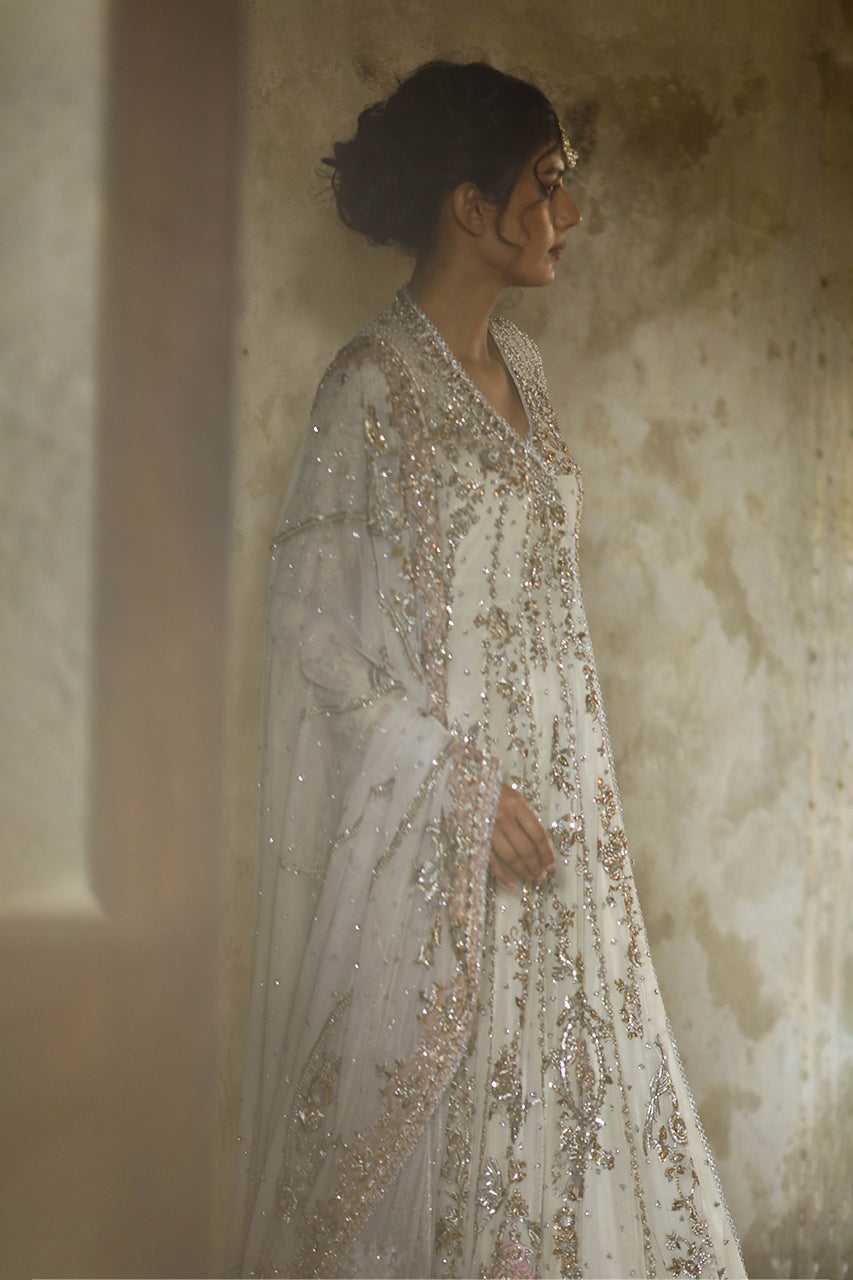 Indian Ivory Zardozi Net Angrakha with Organza Lehenga (3-Piece) - Image 10