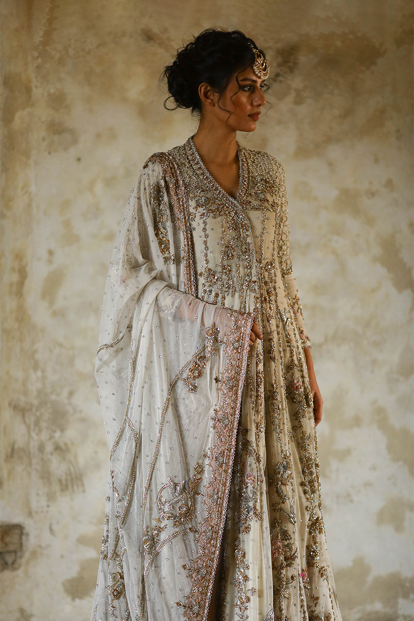 Indian Ivory Zardozi Net Angrakha with Organza Lehenga (3-Piece) - Image 11