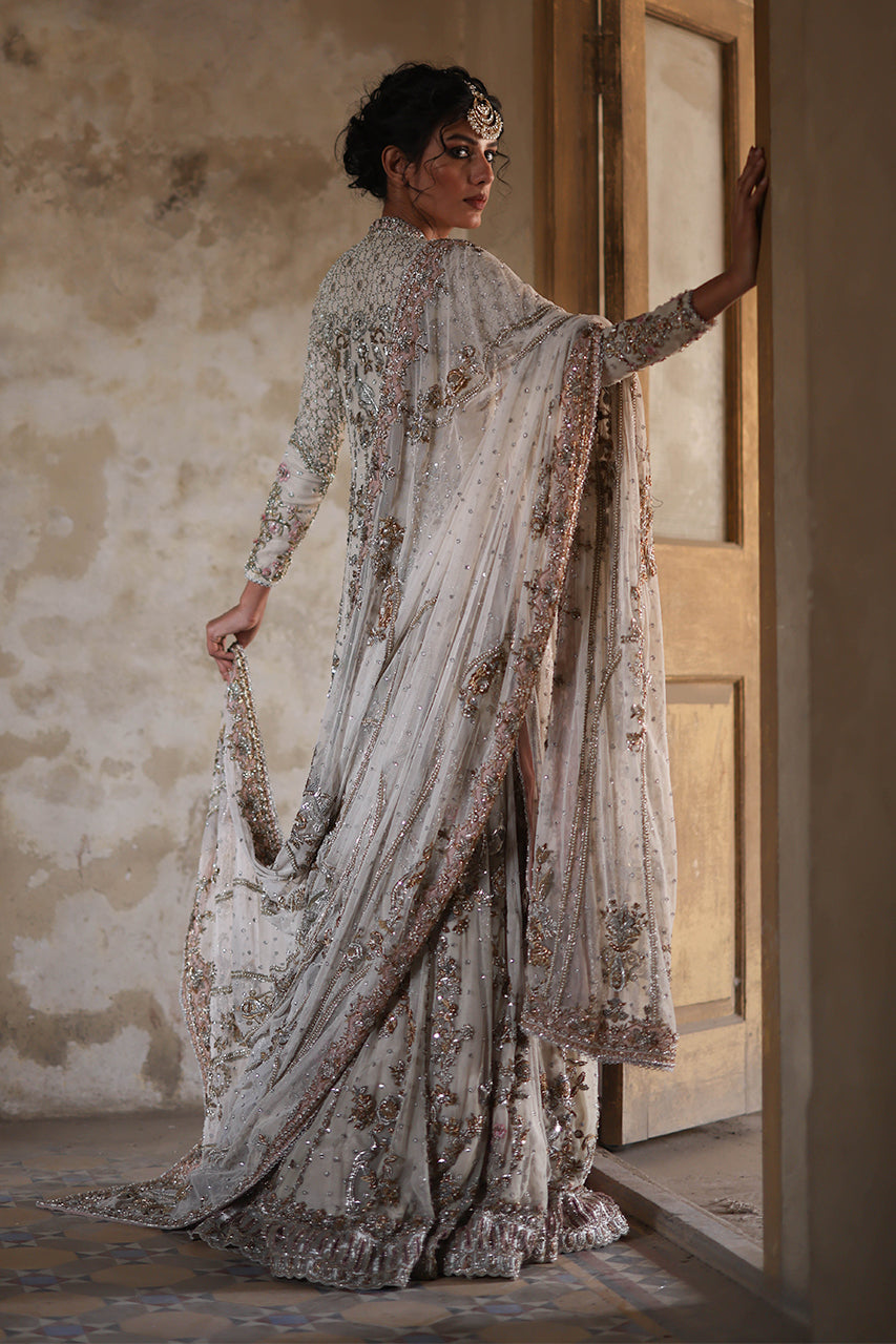 Indian Ivory Zardozi Net Angrakha with Organza Lehenga (3-Piece) - Image 12