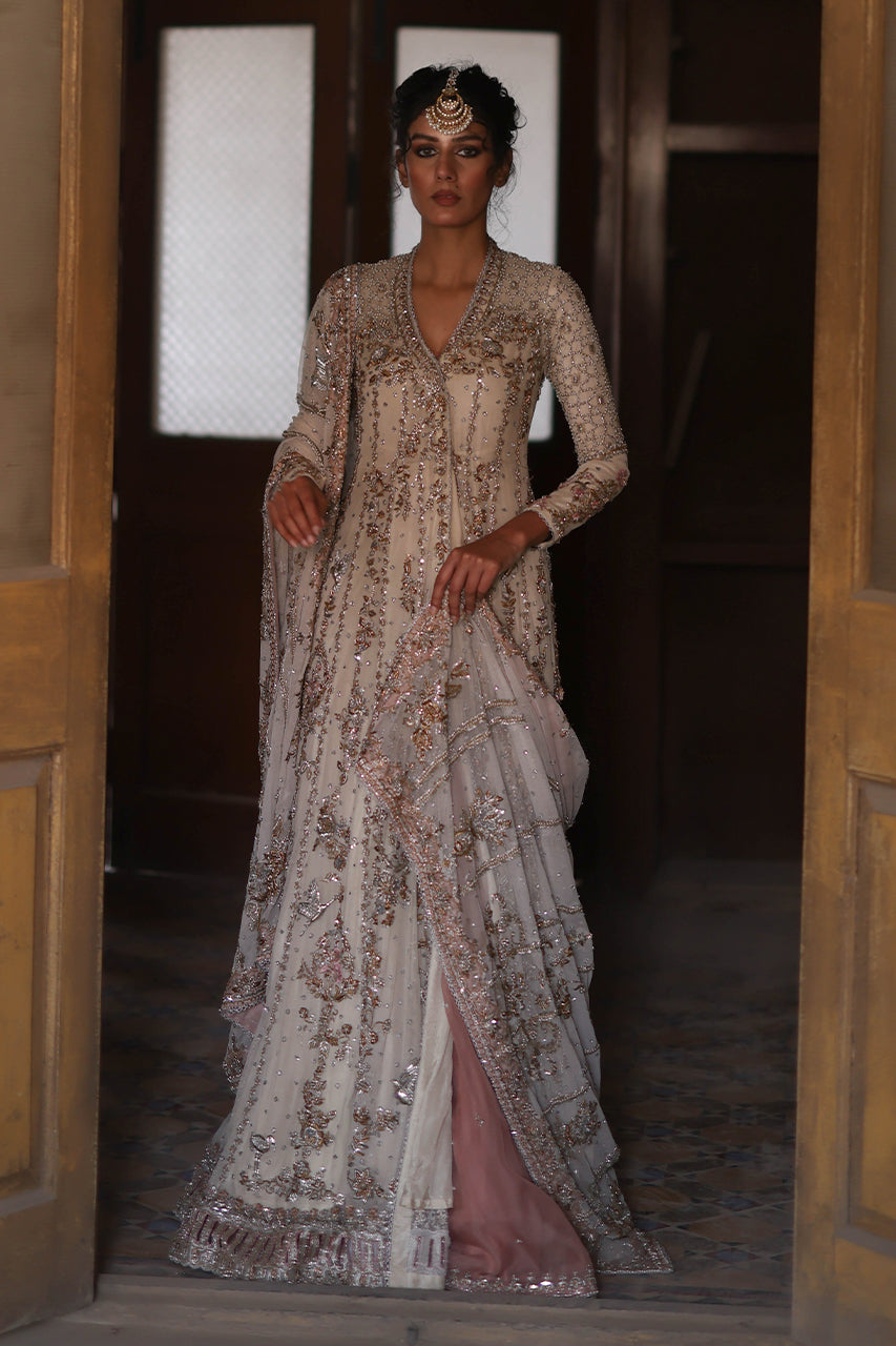 Indian Ivory Zardozi Net Angrakha with Organza Lehenga (3-Piece) - Image 13