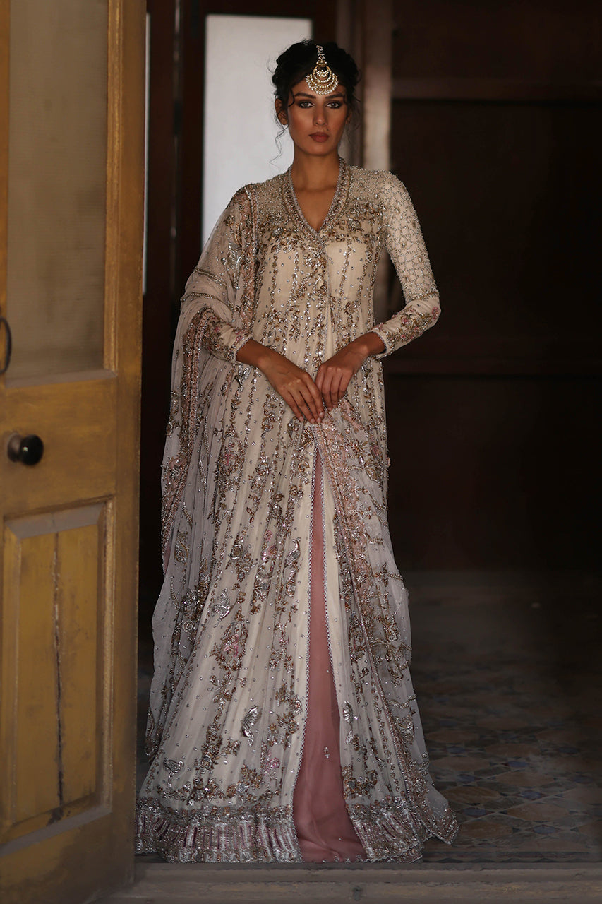Indian Ivory Zardozi Net Angrakha with Organza Lehenga (3-Piece) - Image 14