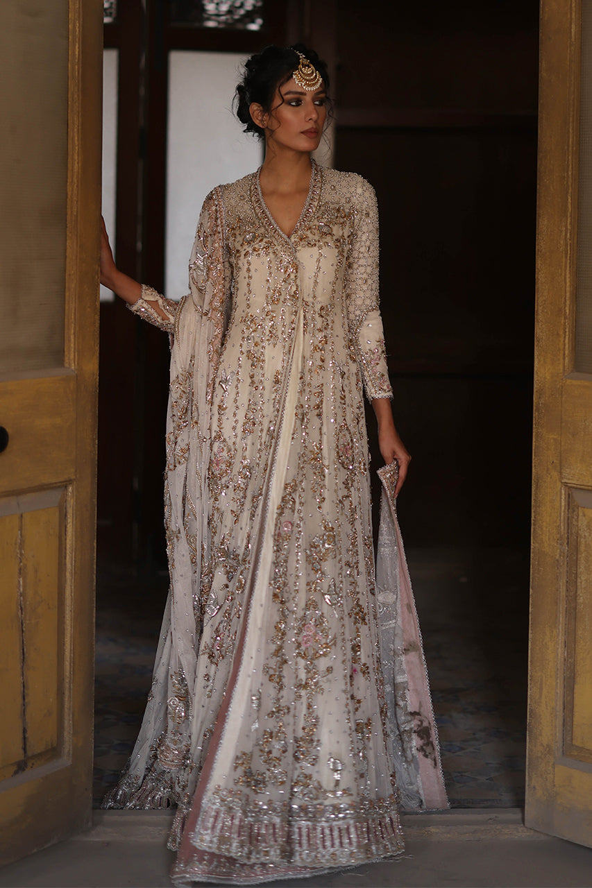 Indian Ivory Zardozi Net Angrakha with Organza Lehenga (3-Piece) - Image 15