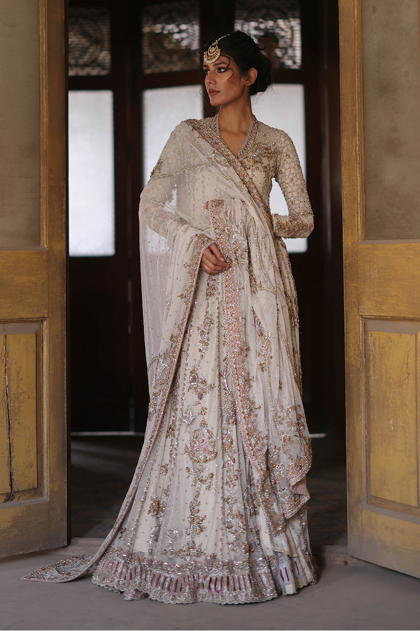 Indian Ivory Zardozi Net Angrakha with Organza Lehenga (3-Piece) - Image 16