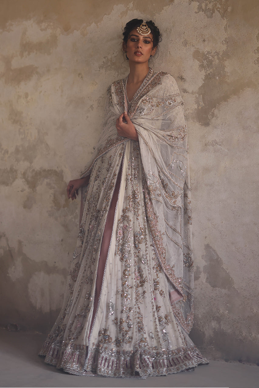 Indian Ivory Zardozi Net Angrakha with Organza Lehenga (3-Piece) - Image 17