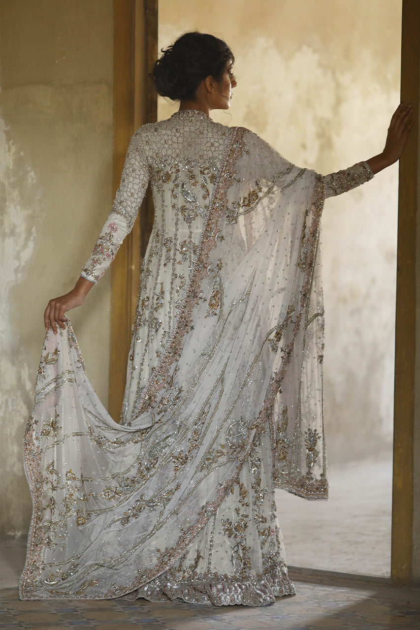 Indian Ivory Zardozi Net Angrakha with Organza Lehenga (3-Piece) - Image 2