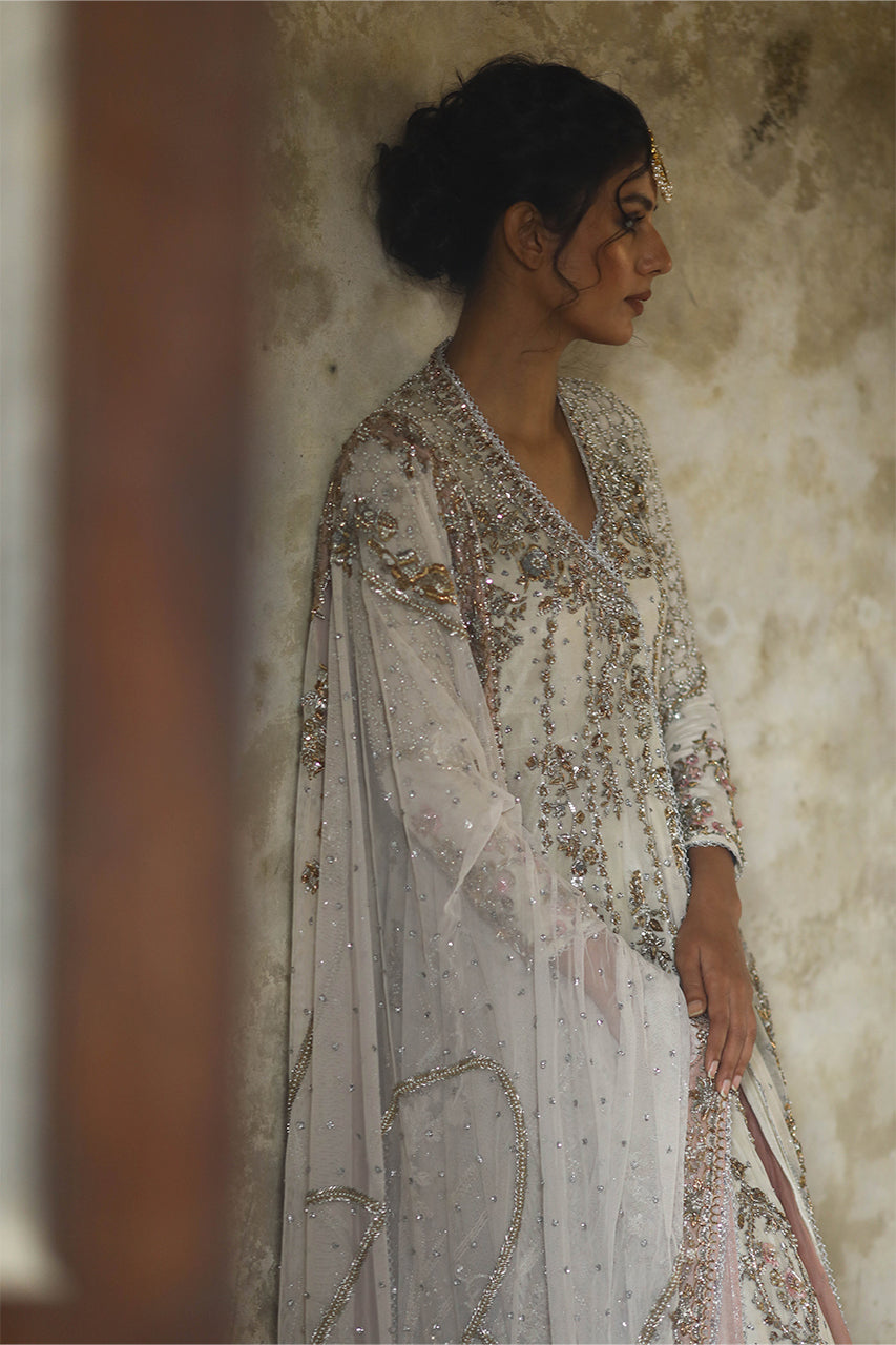 Indian Ivory Zardozi Net Angrakha with Organza Lehenga (3-Piece) - Image 4