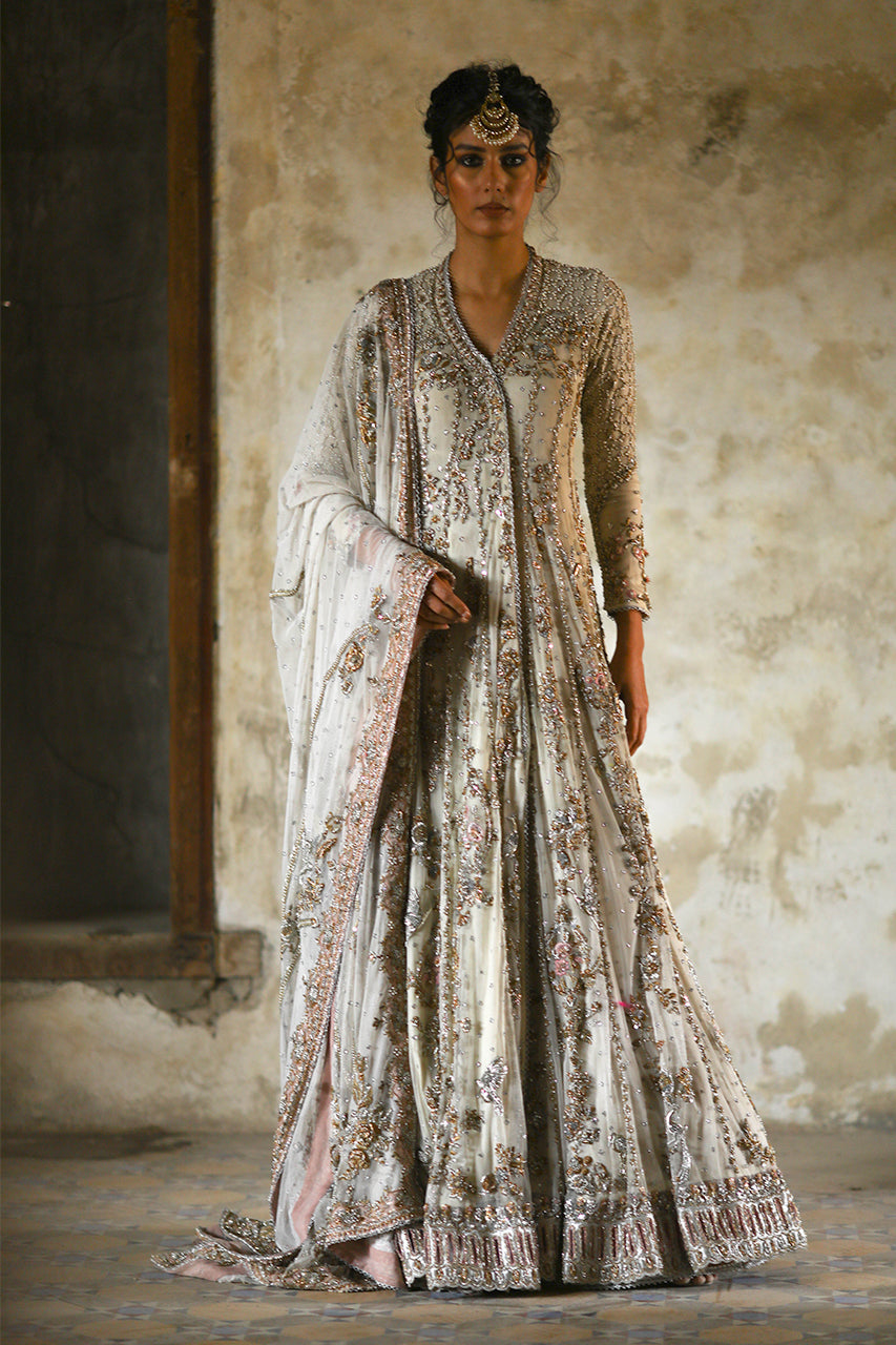 Indian Ivory Zardozi Net Angrakha with Organza Lehenga (3-Piece) - Image 5