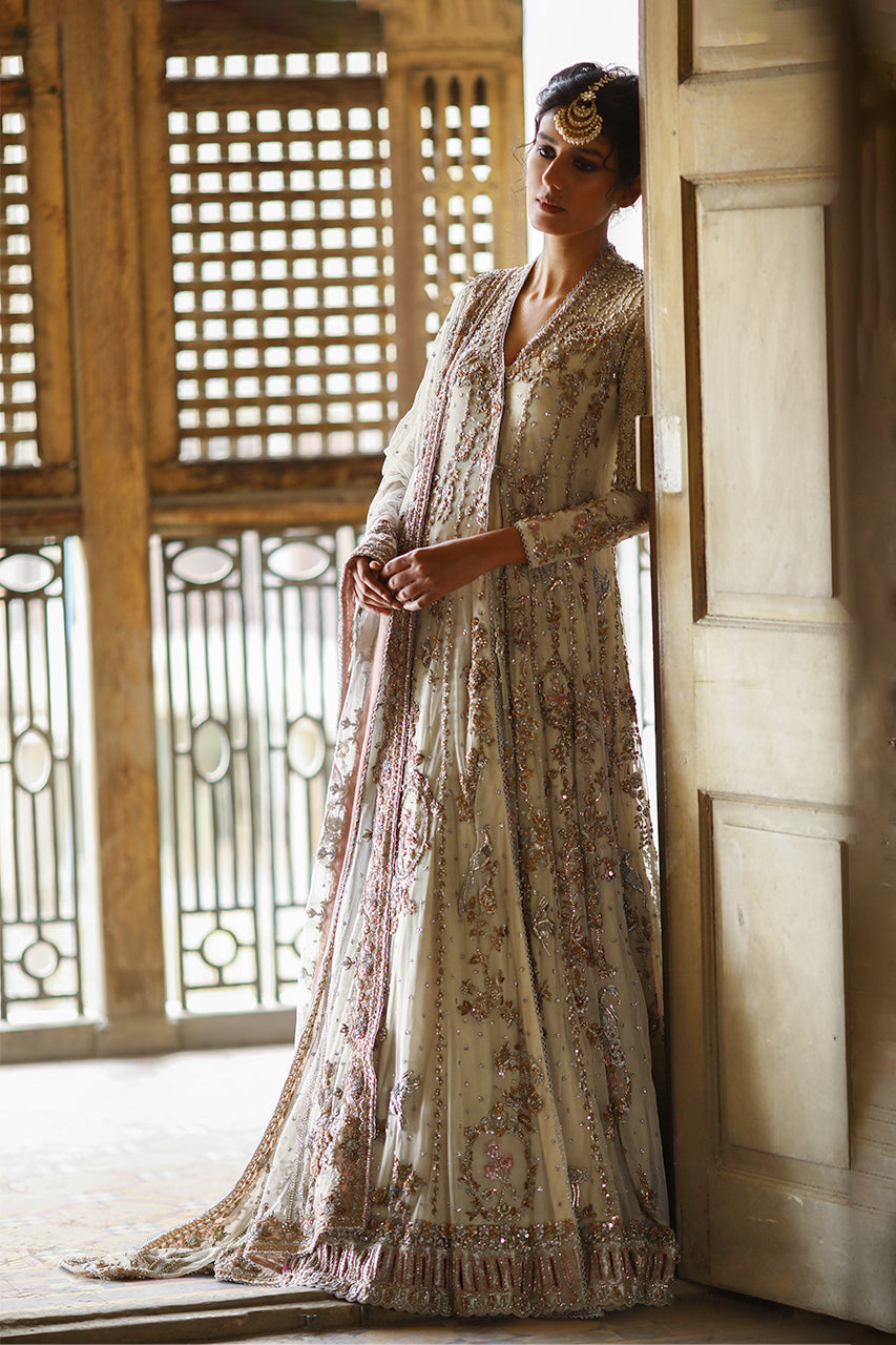 Indian Ivory Zardozi Net Angrakha with Organza Lehenga (3-Piece) - Image 6