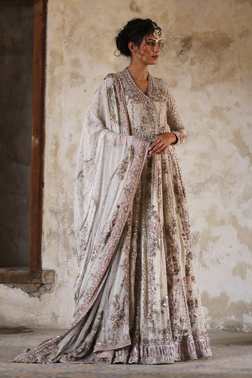 Indian Ivory Zardozi Net Angrakha with Organza Lehenga (3-Piece) - Image 7
