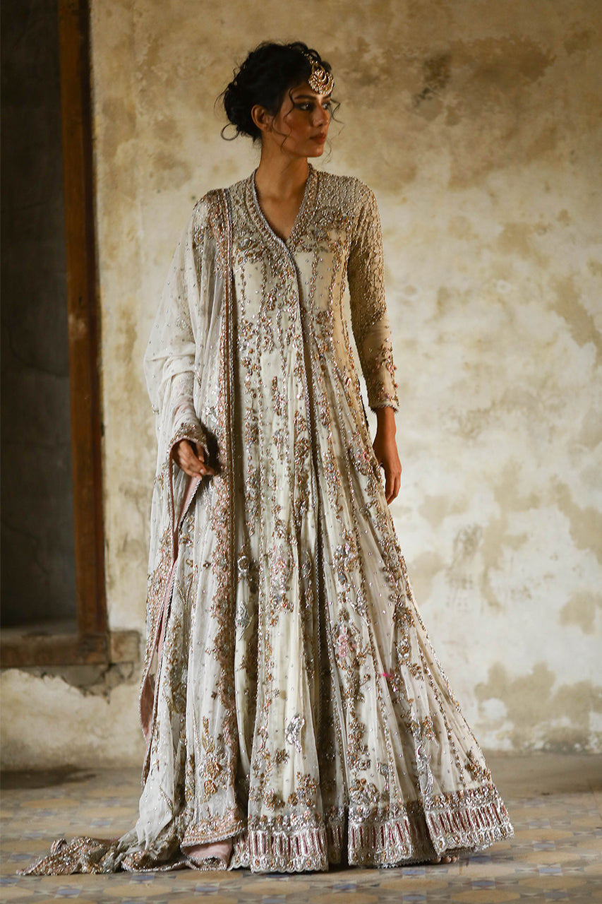 Indian Ivory Zardozi Net Angrakha with Organza Lehenga (3-Piece) - Image 8