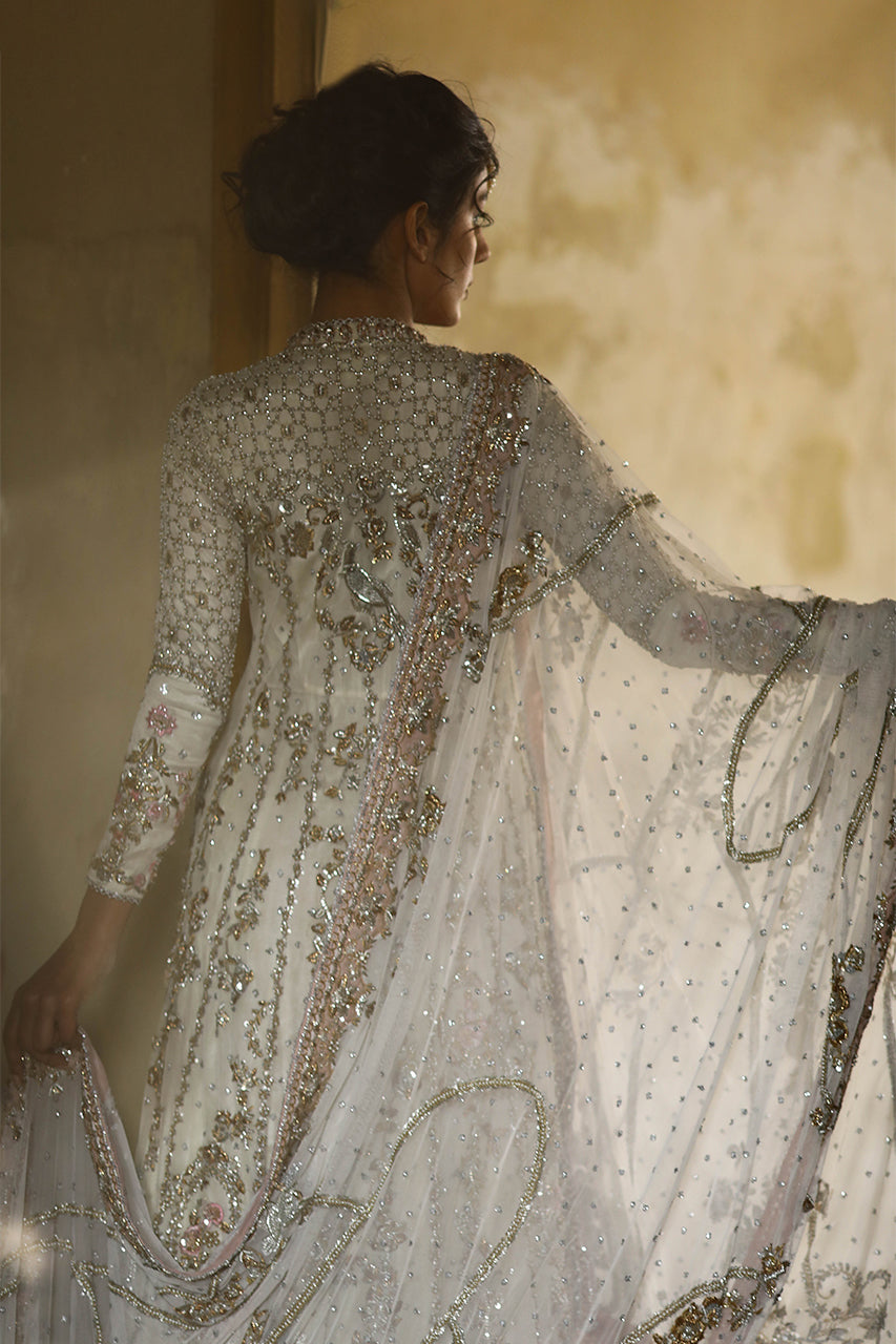 Indian Ivory Zardozi Net Angrakha with Organza Lehenga (3-Piece) - Image 9