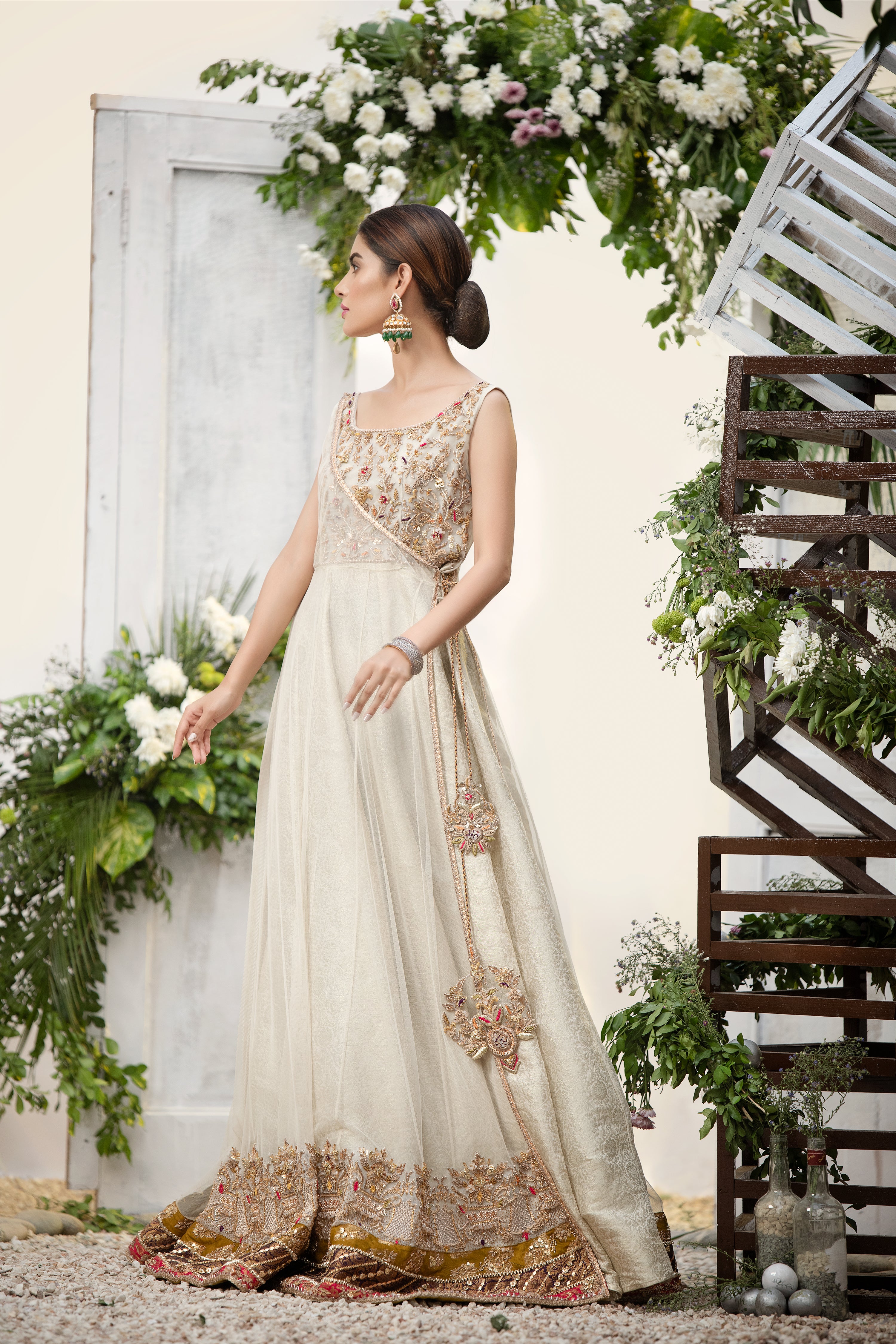 Ivory Embellished Net Angrakha Gown (1-Pc) - Image 4