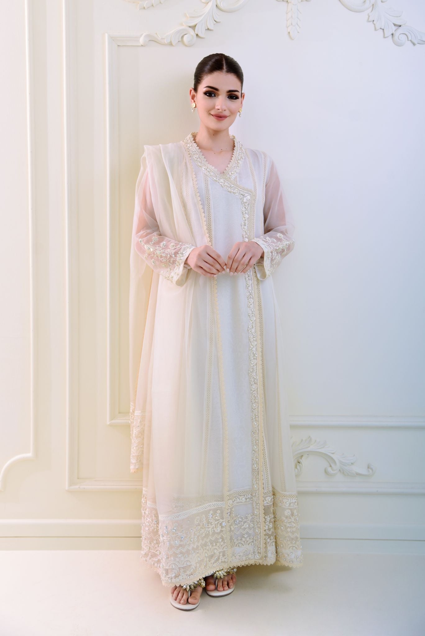 Pakistani Off-White Embroidered Organza Angrakha (3-Piece) - Image 1