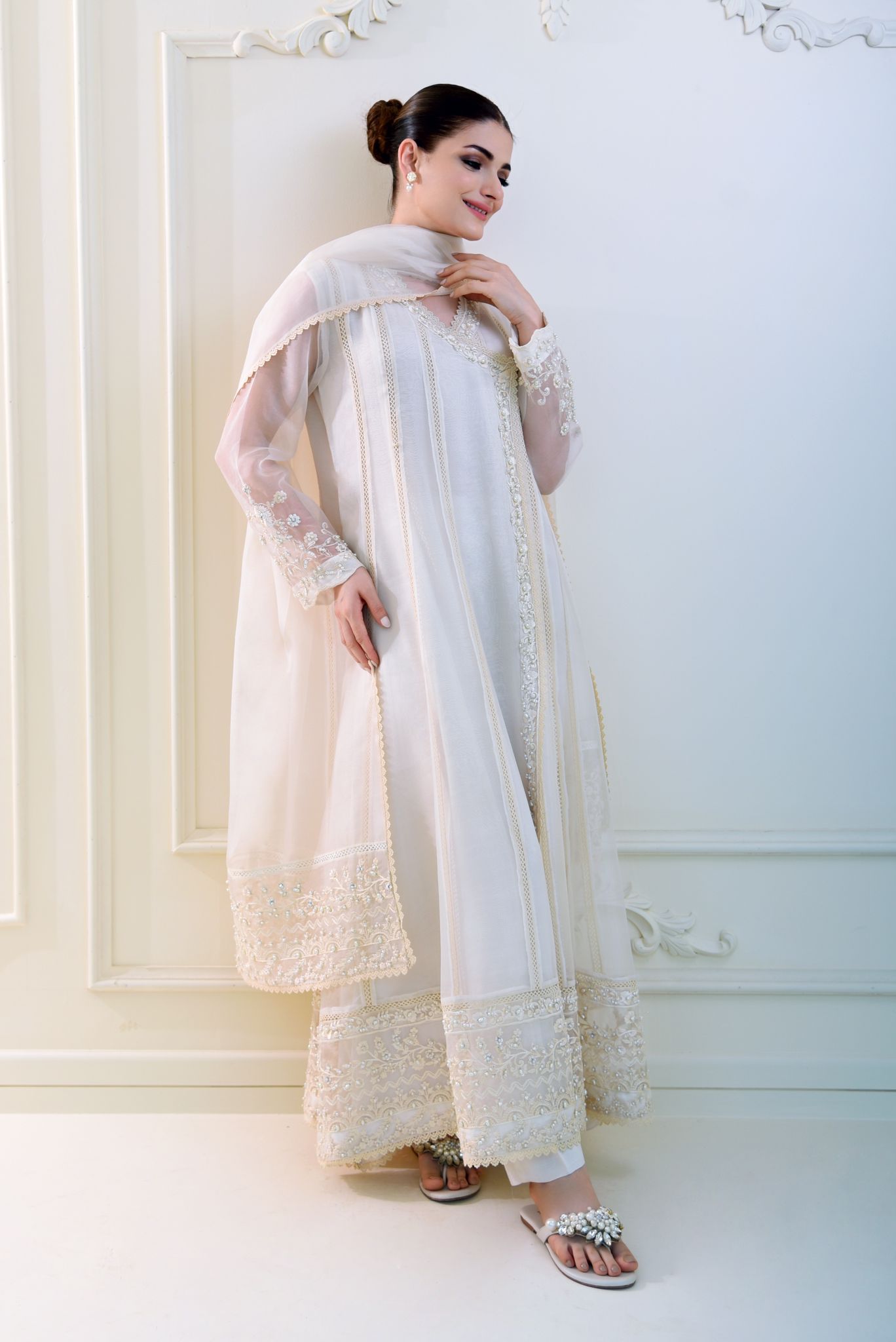 Pakistani Off-White Embroidered Organza Angrakha (3-Piece) - Image 2