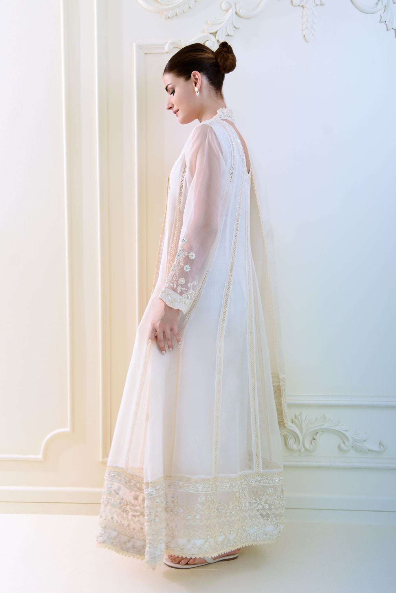 Pakistani Off-White Embroidered Organza Angrakha (3-Piece) - Image 3