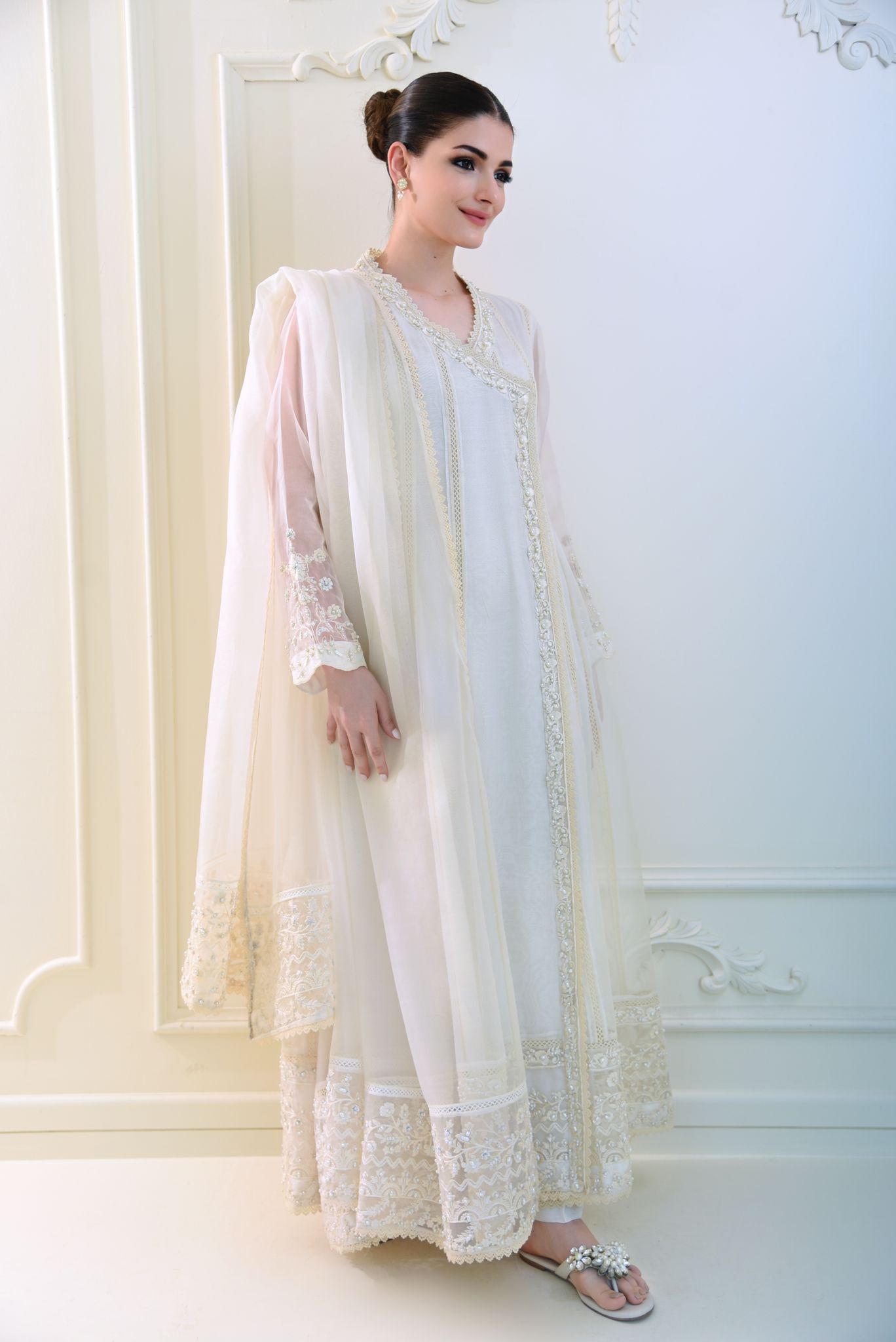Pakistani Off-White Embroidered Organza Angrakha (3-Piece) - Image 4