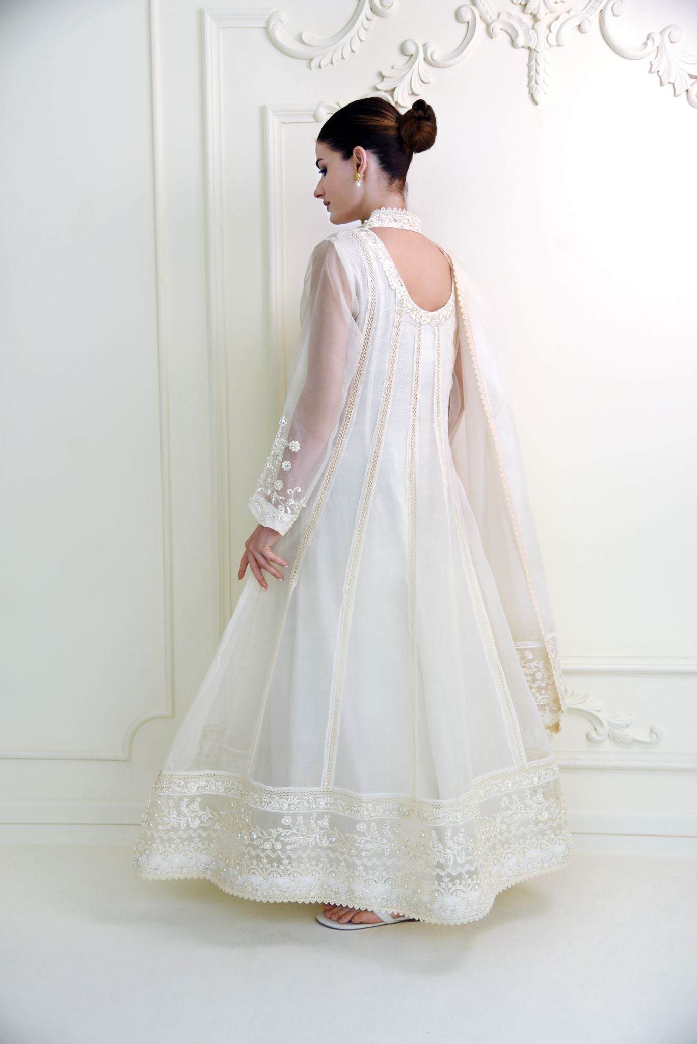Pakistani Off-White Embroidered Organza Angrakha (3-Piece) - Image 5