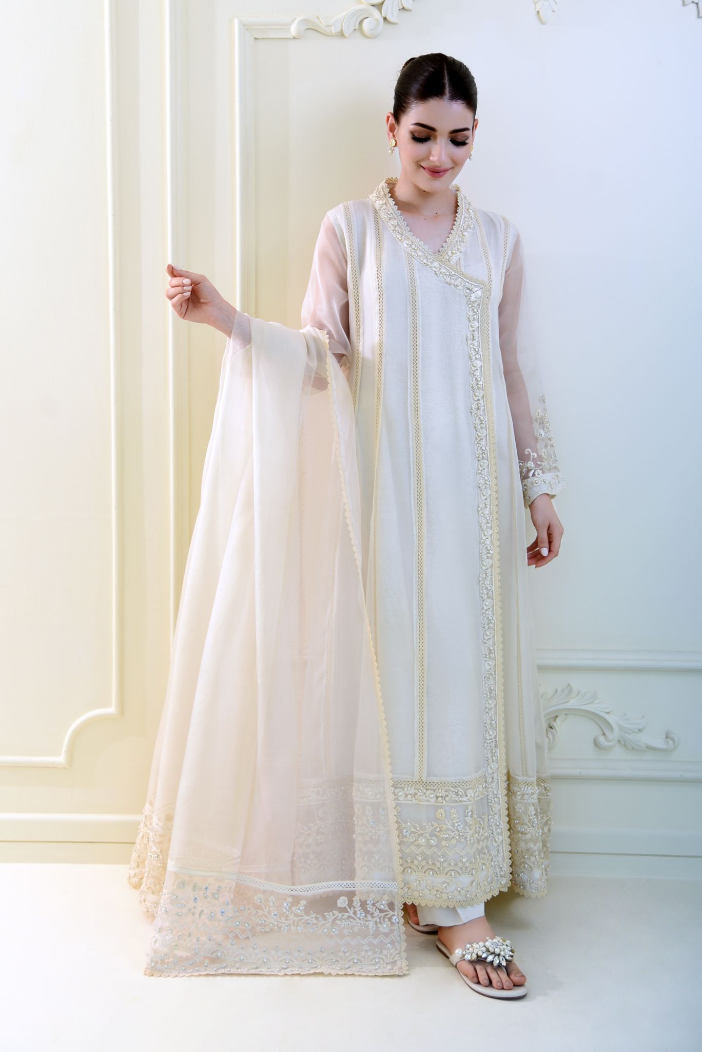 Pakistani Off-White Embroidered Organza Angrakha (3-Piece) - Image 6