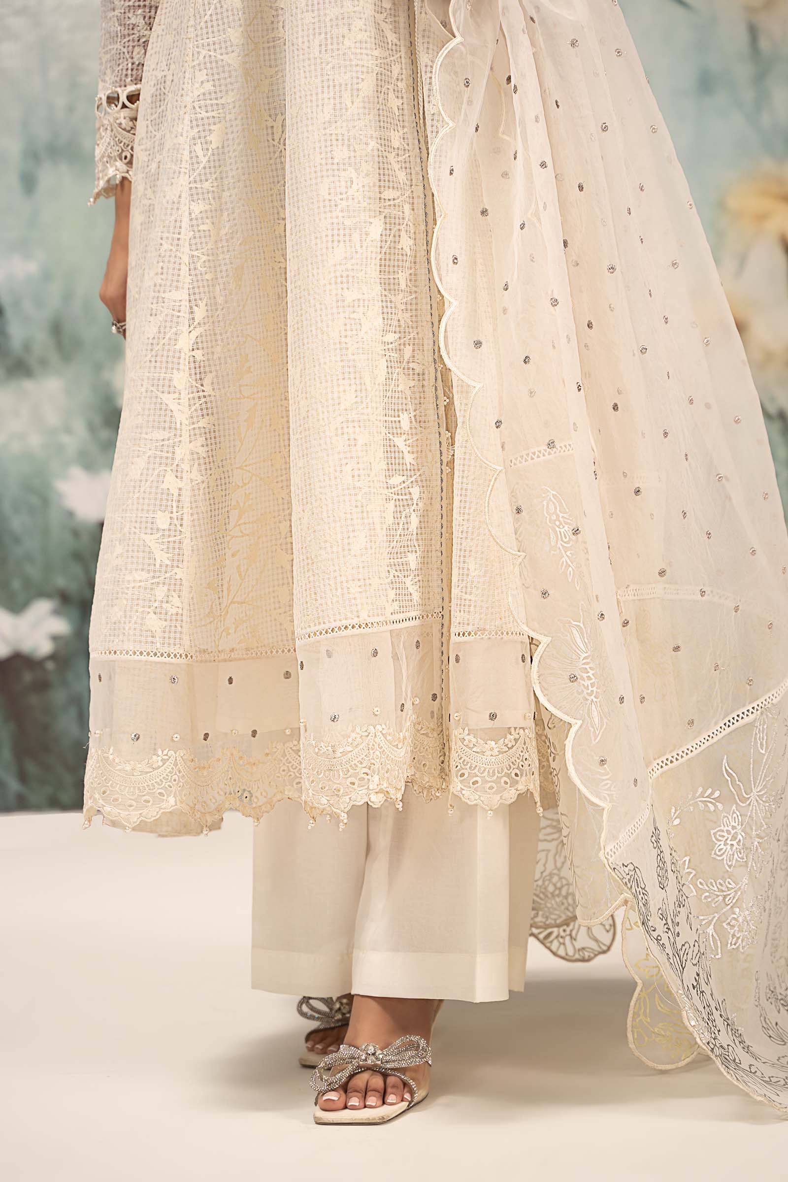 Off-White Embroidered Organza Angrakha 3-Piece Suit - Image 4