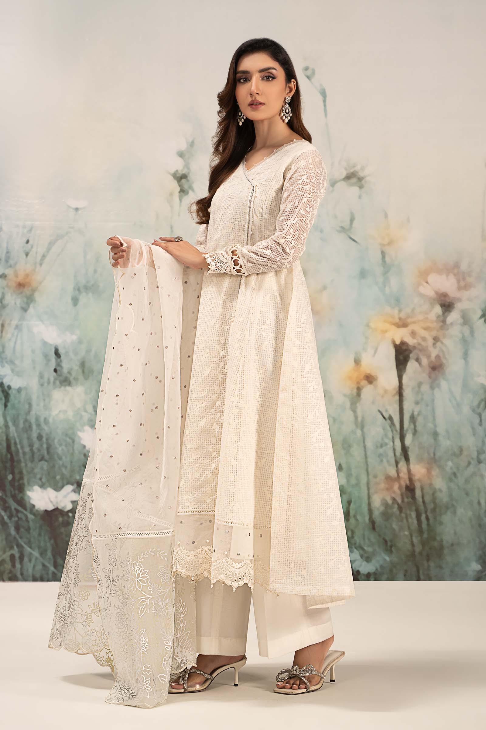 Off-White Embroidered Organza Angrakha 3-Piece Suit - Image 5