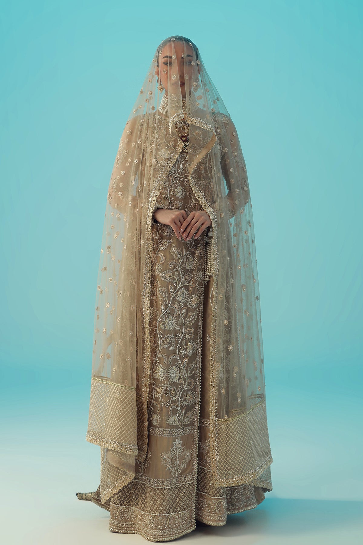 Nude Embroidered Organza Silk Angrakha (3-Piece) - Image 1